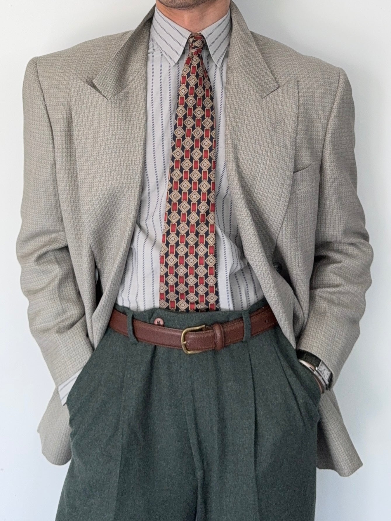 Valentino 1980s Peaked Lapel Double Breasted Grey Wool Blend Textured Sports Jacket Blazer - Size L