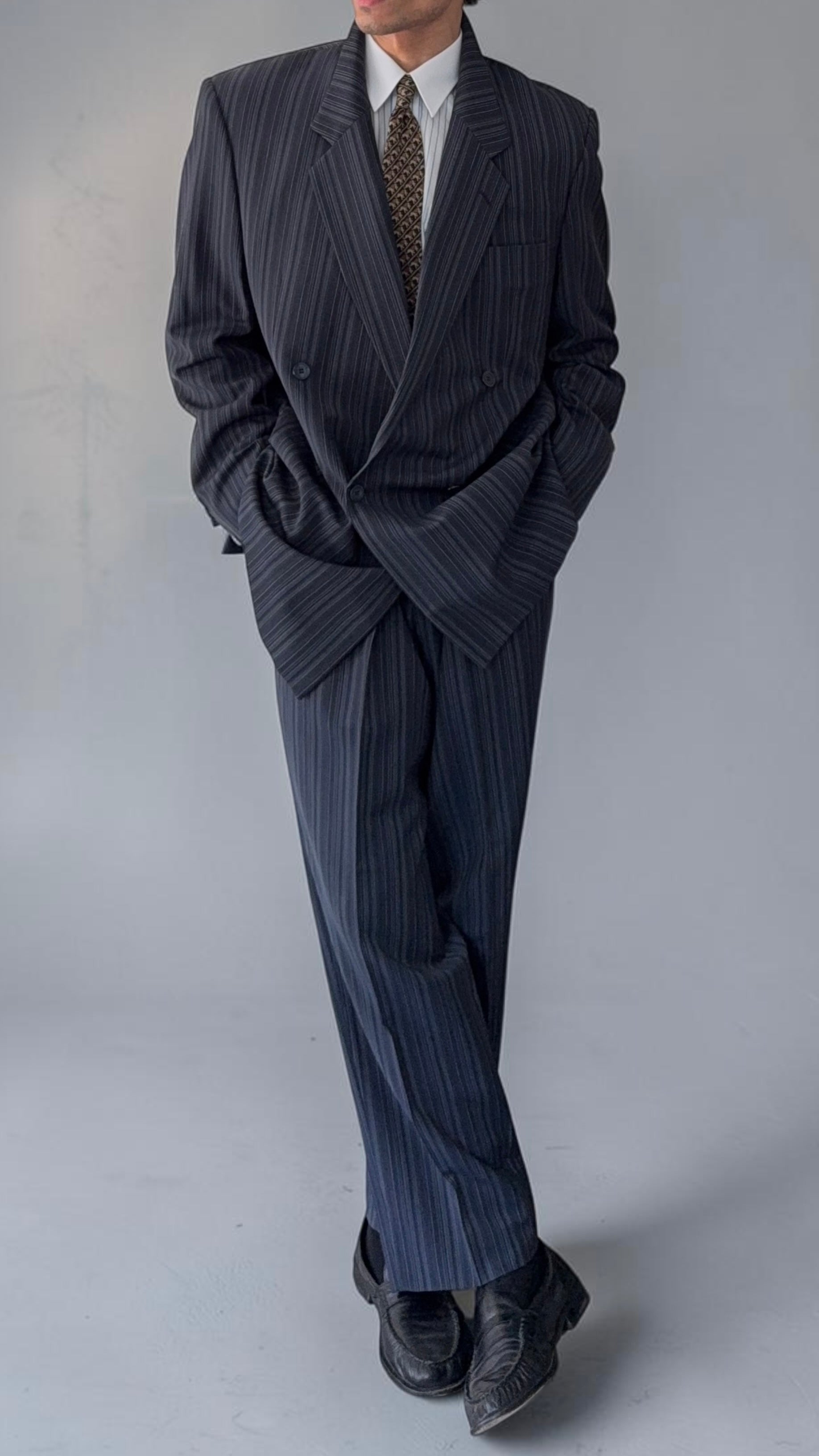 Versace 1980s Notch Lapel Double Breasted Wool Mohair Pleated Striped Suit - Size XXL Jacket / 38" Waist