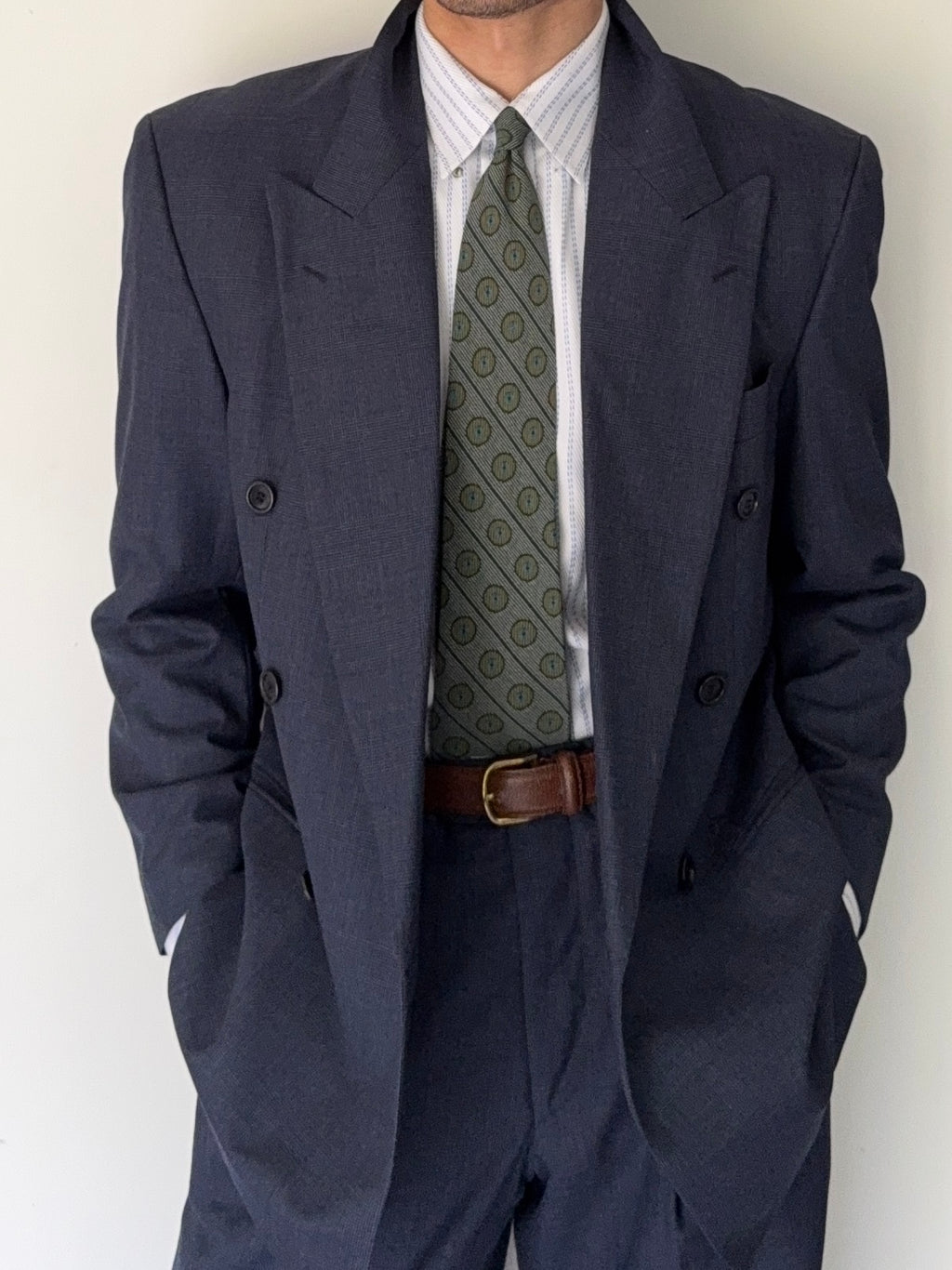 Hugo Boss 1980s 'Al Capone' Double Breasted Pleated Blue Wool Suit - Size M Jacket / 30" Waist