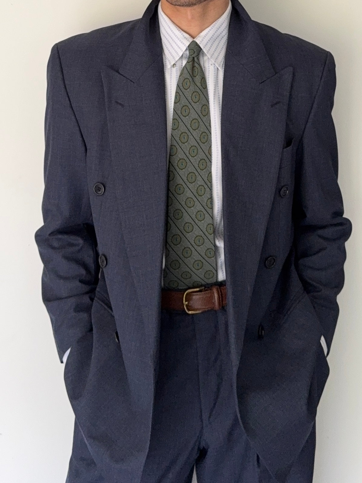 Hugo Boss 1980s 'Al Capone' Double Breasted Pleated Blue Wool Suit - Size M Jacket / 30" Waist