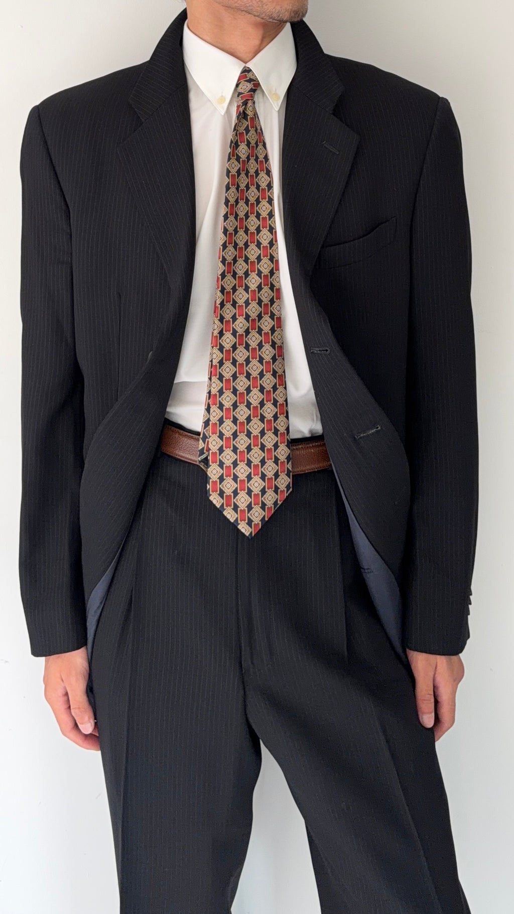 Armani 1990s 3B Pinstriped Textured Pleated Wool Suit  - Size XL Jacket / 36" Waist