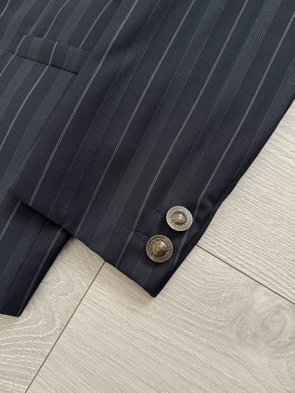Versace 1980s Metal Button Notch Lapel Double Breasted Pleated Wool Striped Suit - Size S Jacket / 29" Waist