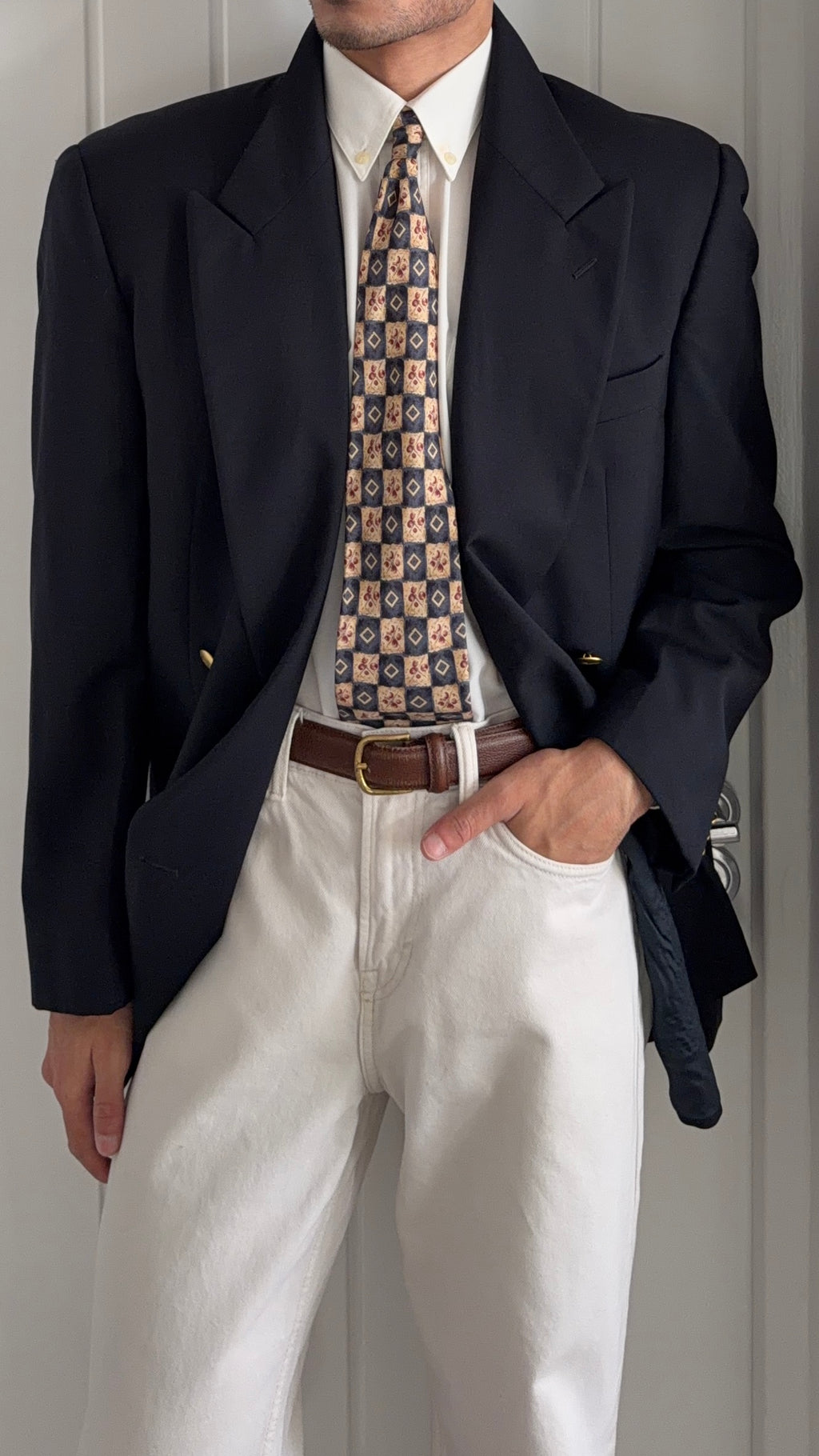 Giorgio Armani 1980s Peaked Lapel Double Breasted Metal Button Wool Sport Jacket Blazer Navy  - Size L