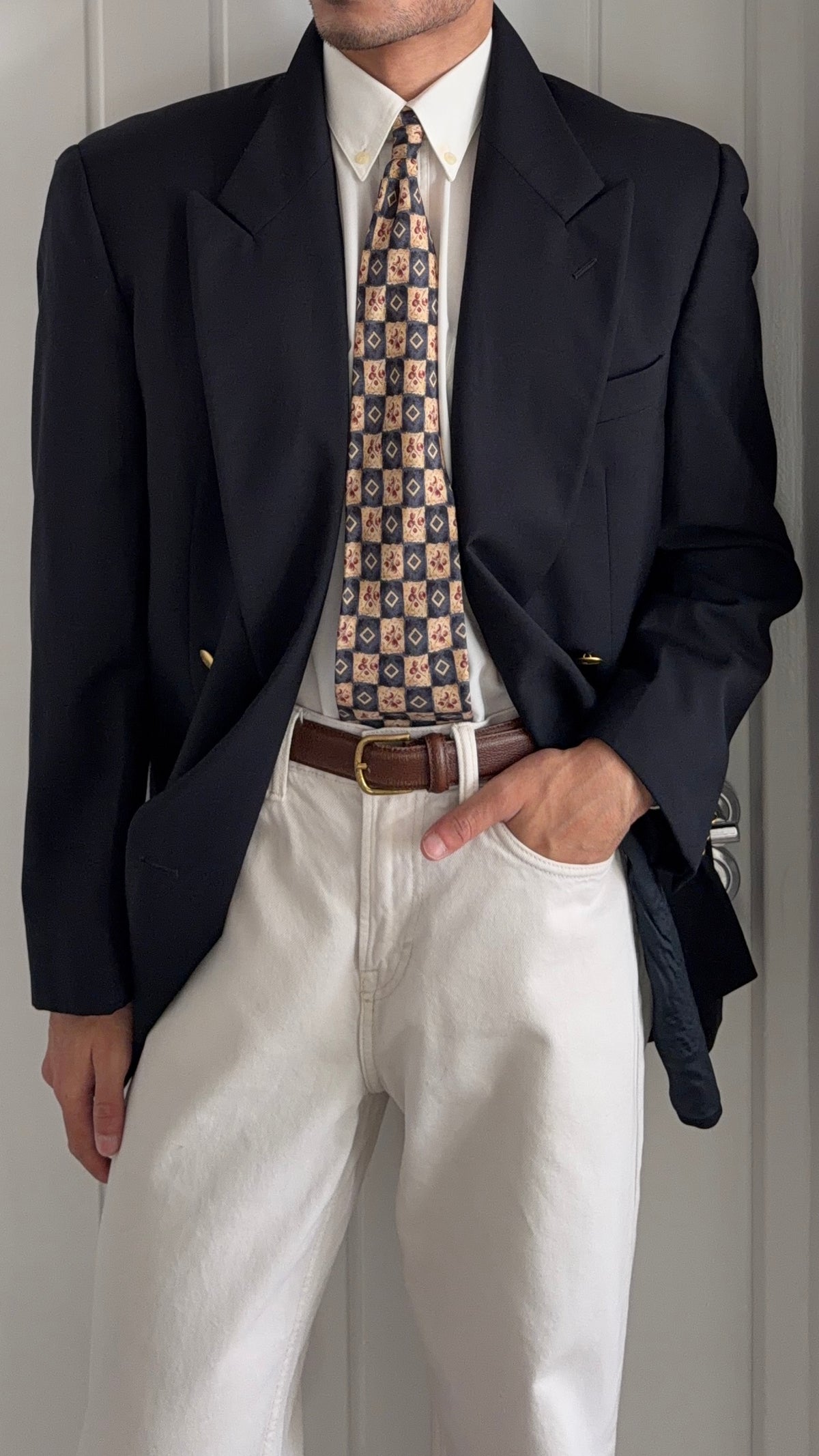 Giorgio Armani 1980s Peaked Lapel Double Breasted Metal Button Wool Sport Jacket Blazer Navy  - Size L