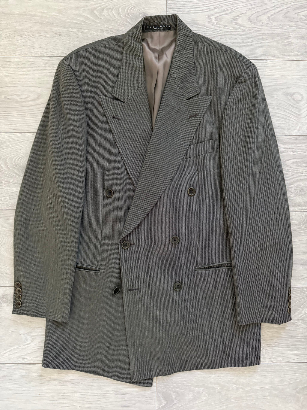 Hugo Boss 1980s 'Omega' Peaked Lapel Double Breasted Textured Wool Sports Jacket Blazer - Size L