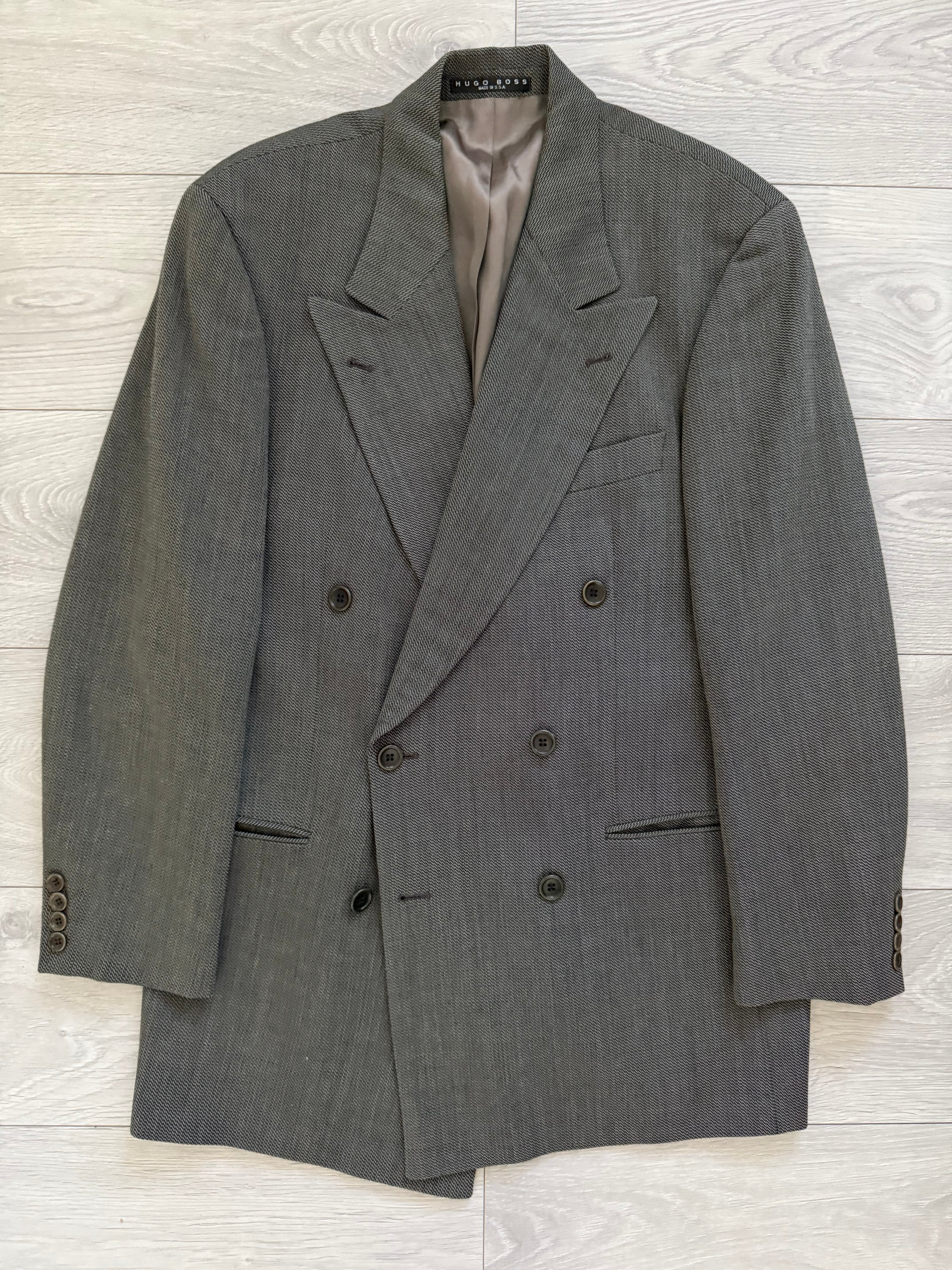 Hugo Boss 1980s 'Omega' Peaked Lapel Double Breasted Textured Wool Sports Jacket Blazer - Size L