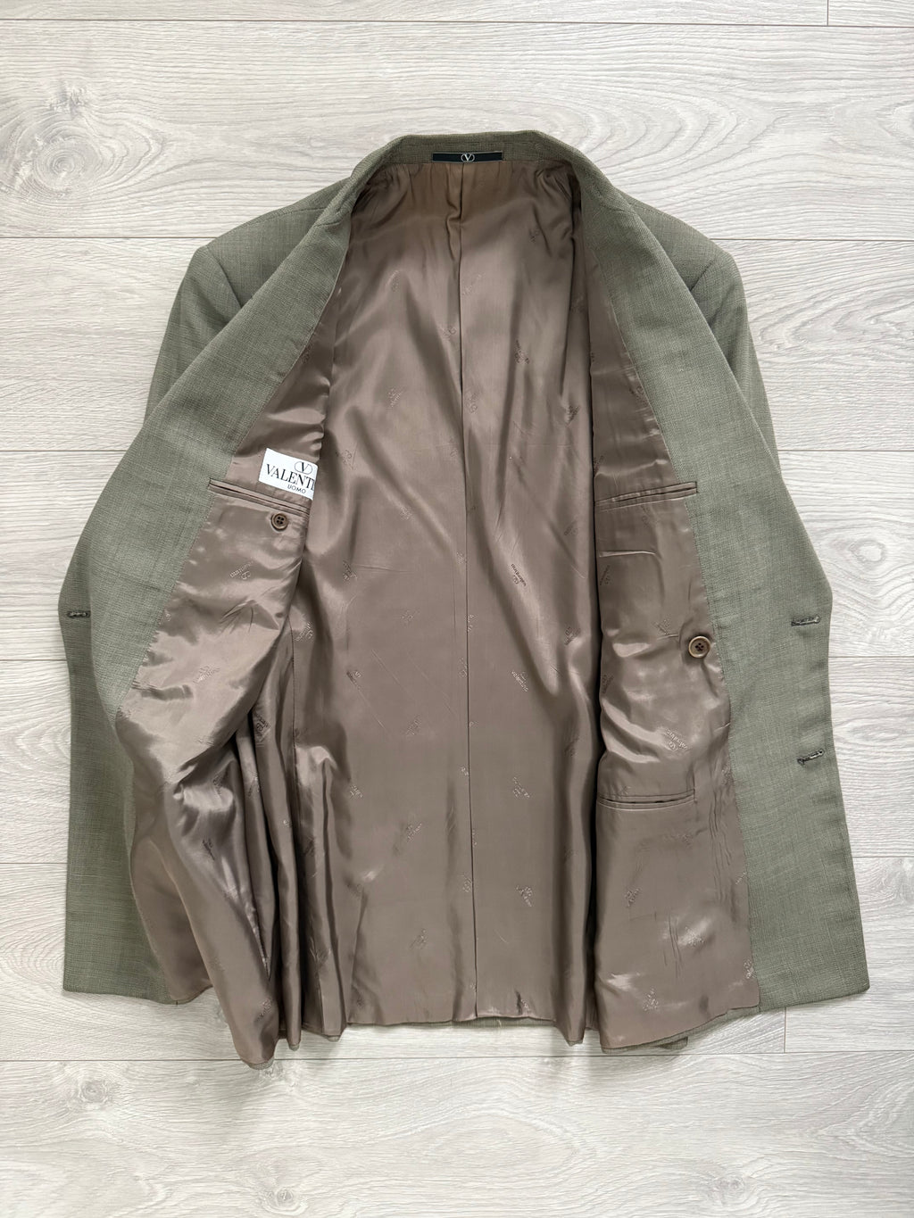 Valentino 1980s 6B Double Breasted Wool Power Suit in Taupe Olive - Size M Jacket / 32" Waist