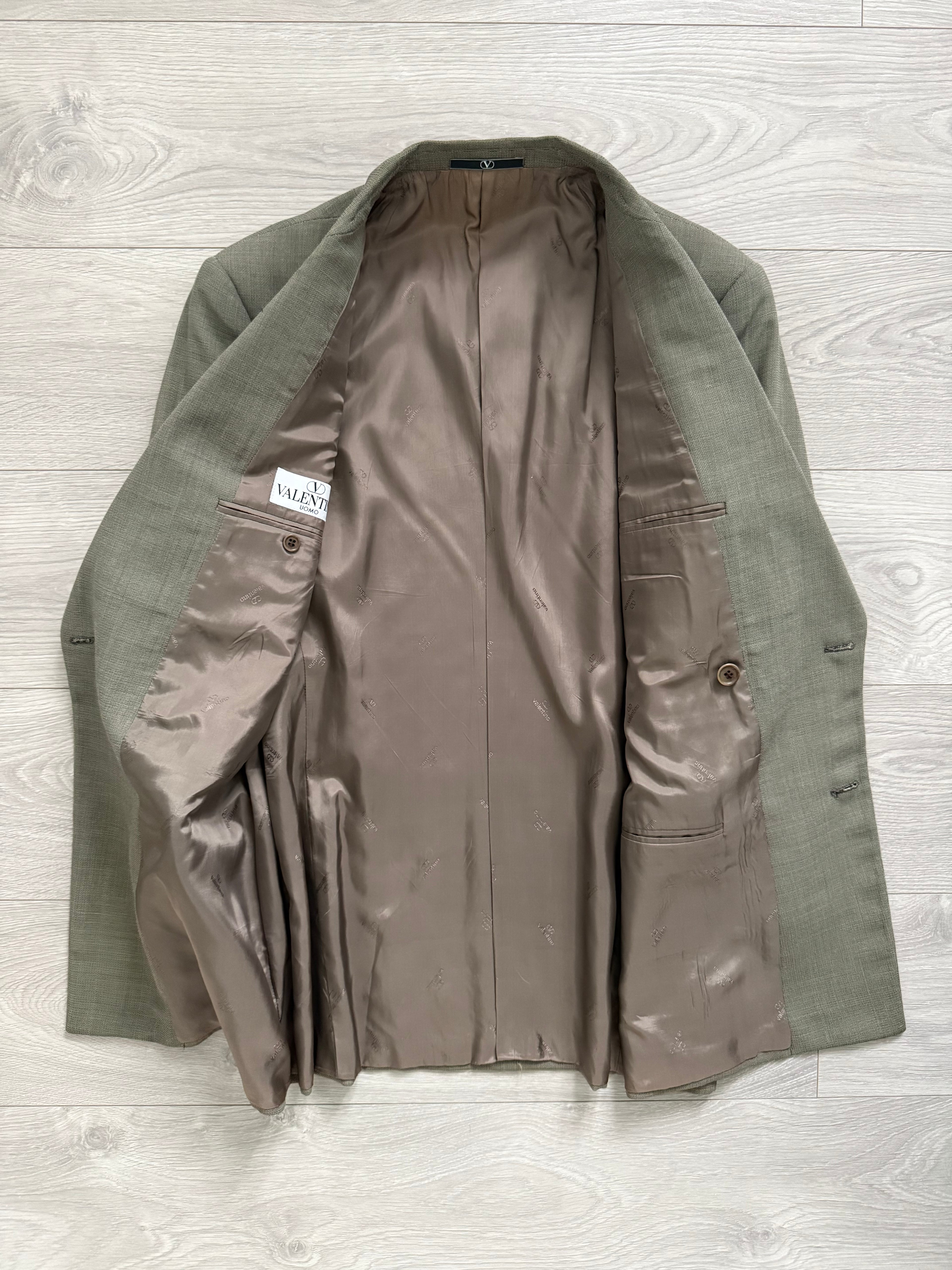 Valentino 1980s 6B Double Breasted Wool Power Suit in Taupe Olive - Size M Jacket / 32" Waist