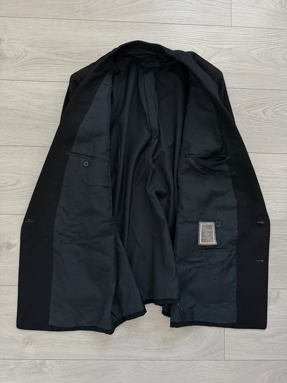 Dior 1980s Peaked Lapel Double Breasted Metal Button Black Wool Sport Jacket Blazer - Size M