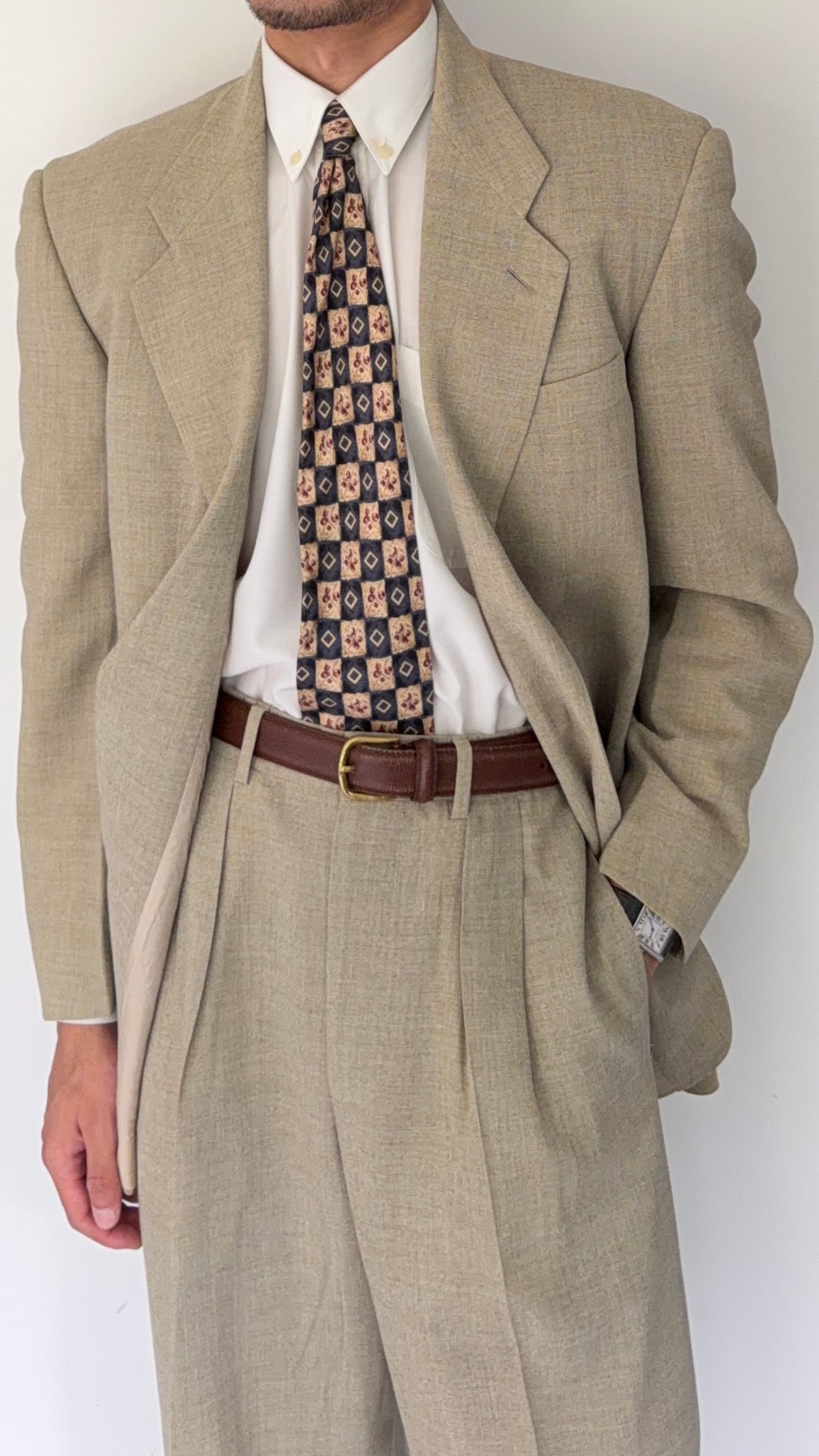 Giorgio Armani Black Label 1990s 2B Pleated Rayon Wool Draped Suit Taupe Beige - Size S Jacket / 29" Waist