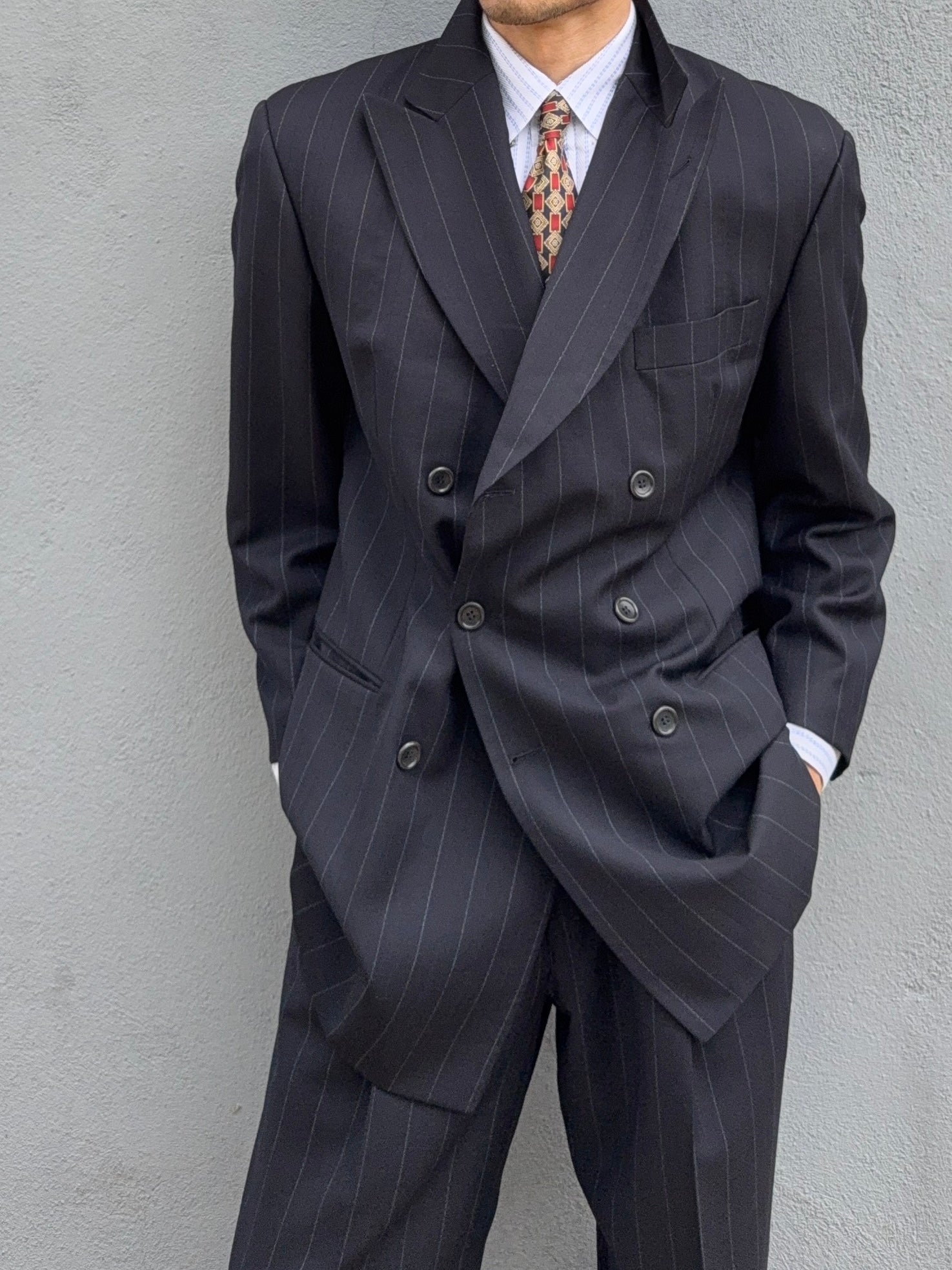 Hugo Boss 1990s 'Nostalgia' 6B Double Breasted Pleated Striped Wool Navy Suit - Size M Jacket / 32" Waist