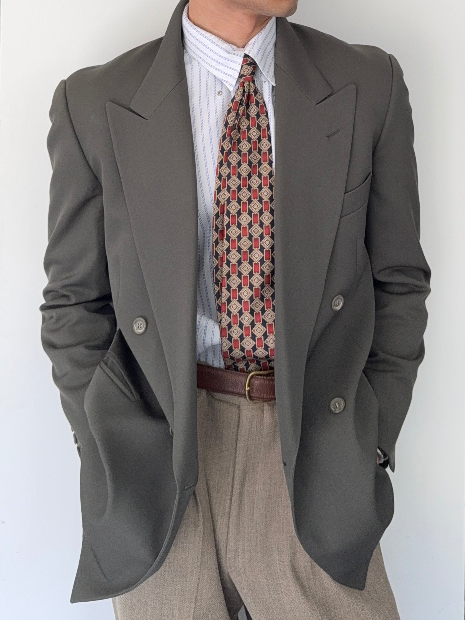 Emporio Armani 1980s Peaked Lapel Double Breasted Wool Sports Jacket Blazer Green - Size S