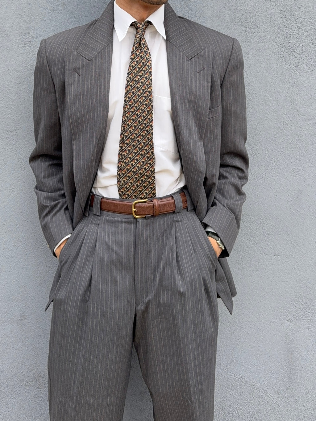 Versace 1980s Peaked Lapel Double Breasted Medusa Metal Button Triple Pleat Striped Wool Suit - Size S Jacket / 30" Waist