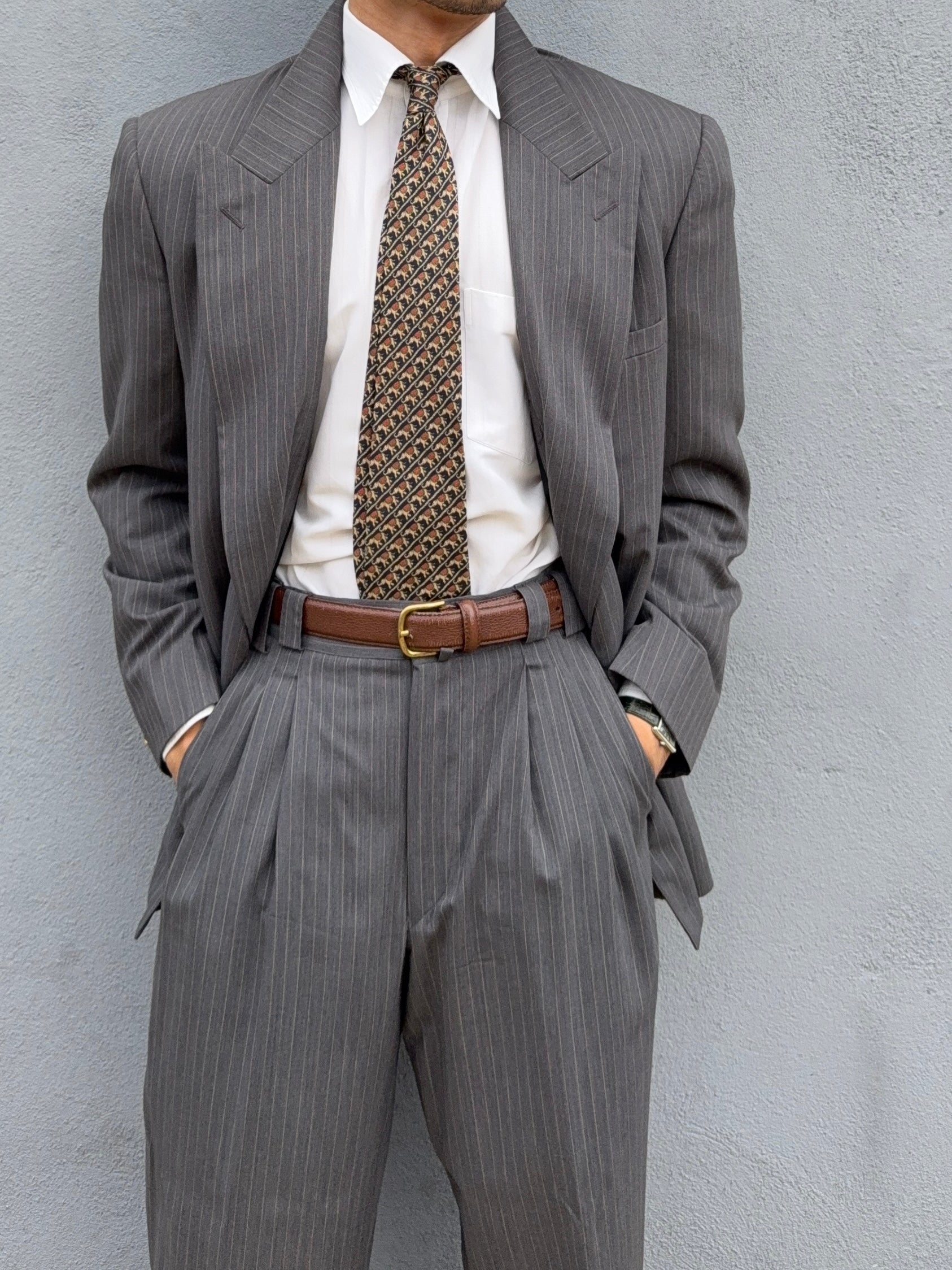 Versace 1980s Peaked Lapel Double Breasted Medusa Metal Button Triple Pleat Striped Wool Suit - Size S Jacket / 30" Waist