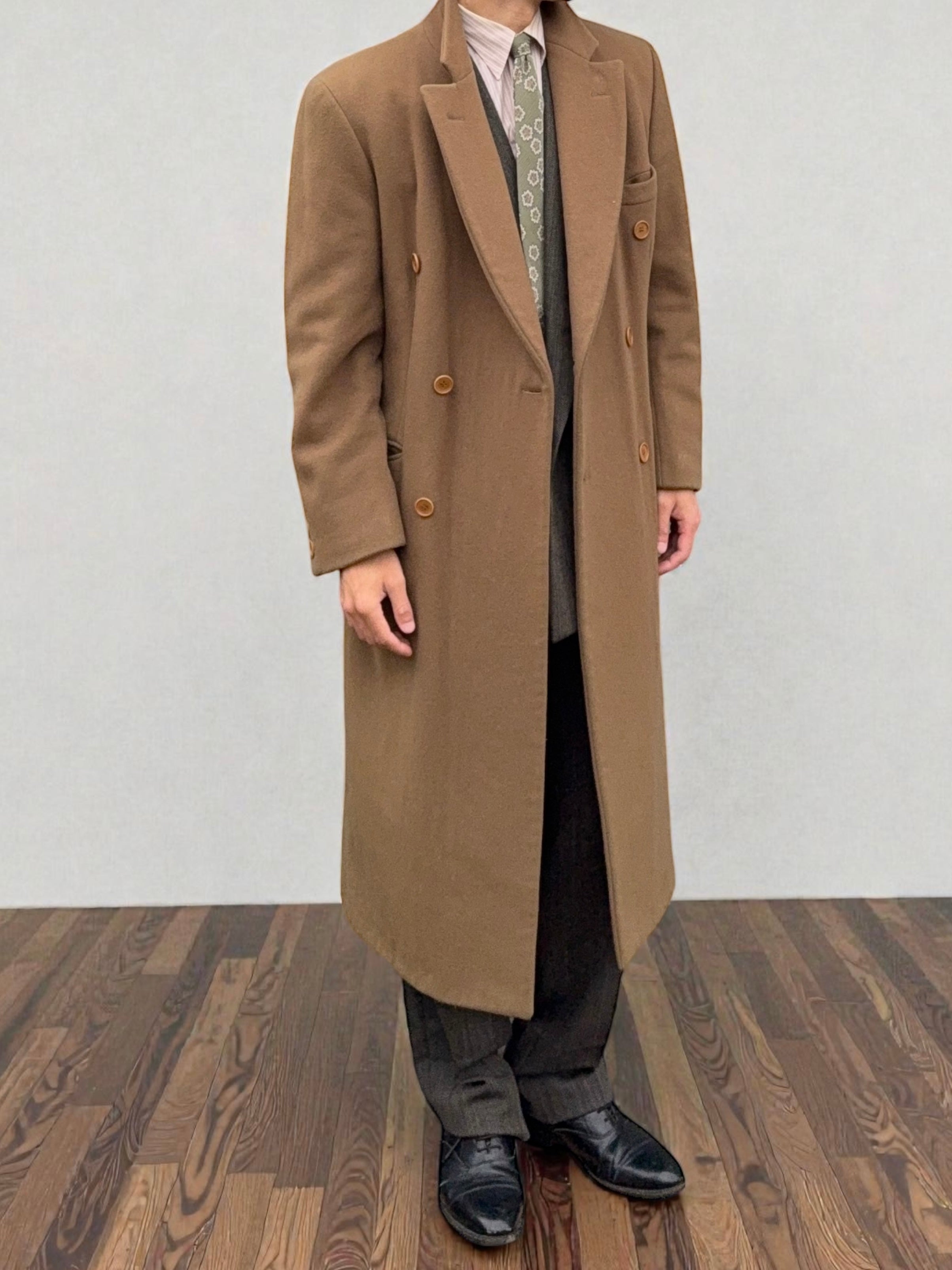 Emporio Armani 1990s Peaked Lapel Double-Breasted Relaxed Long Wool Coat - Size M