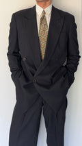 Armani 1990s Peaked Lapel Double Breasted Pleated Wool Suit Charcoal Grey - Size L Jacket / 33" Waist
