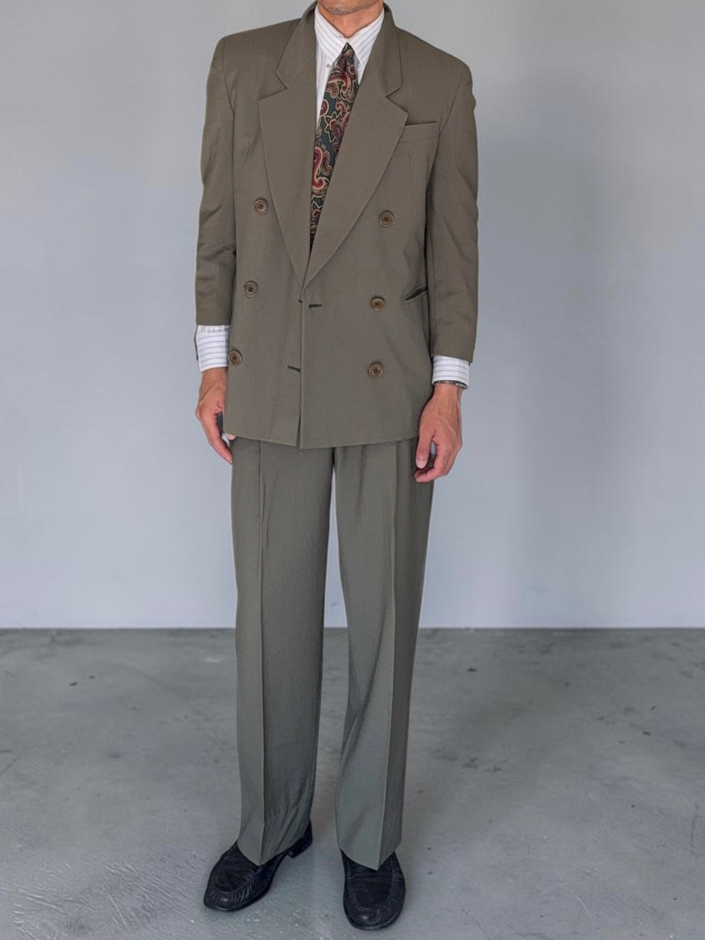 Basile 1980s Peaked Lapel Double Breasted Draped Wool Suit - Size S Jacket / 28" Waist