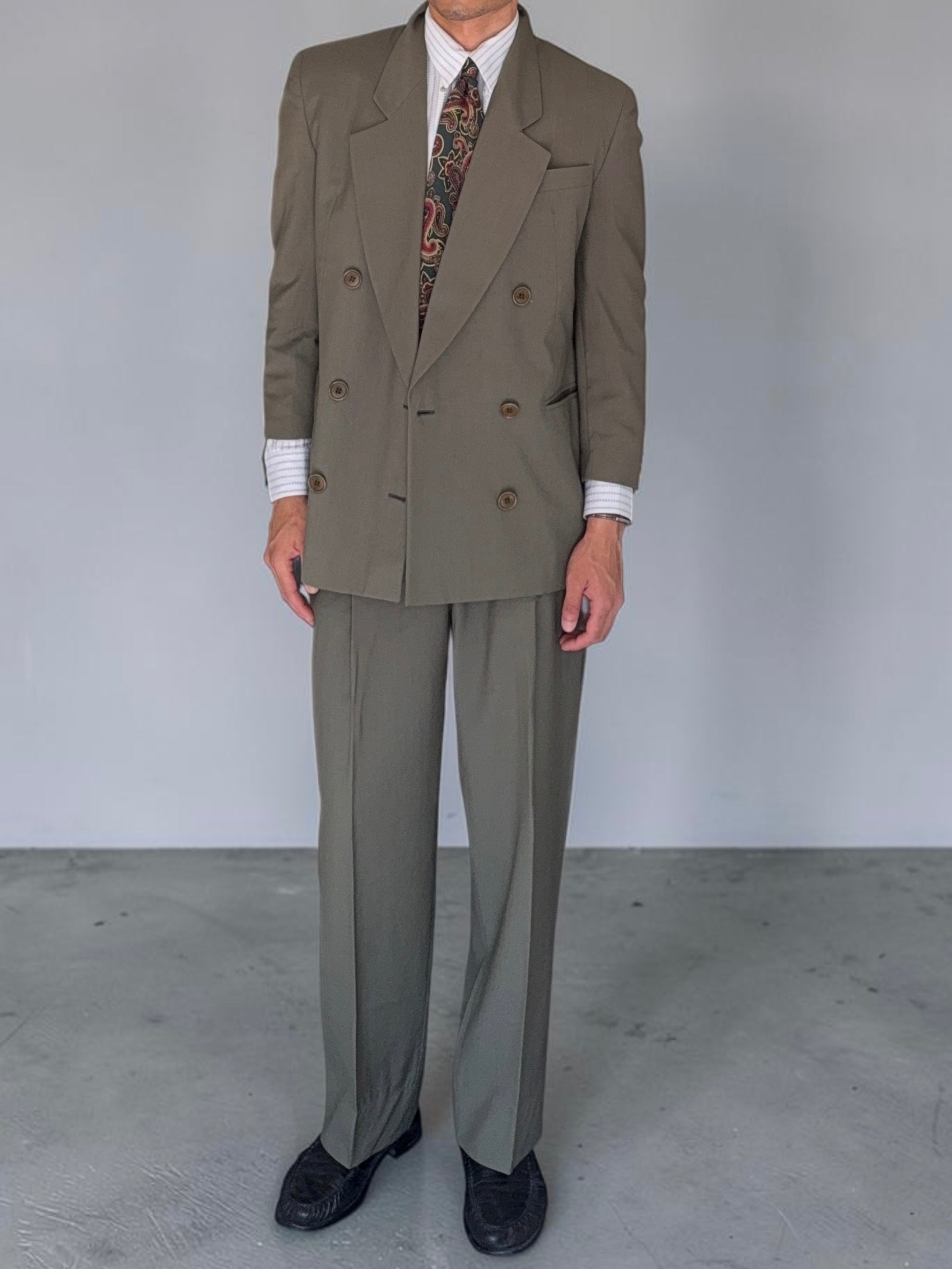 Basile 1980s Peaked Lapel Double Breasted Draped Wool Suit - Size S Jacket / 28" Waist