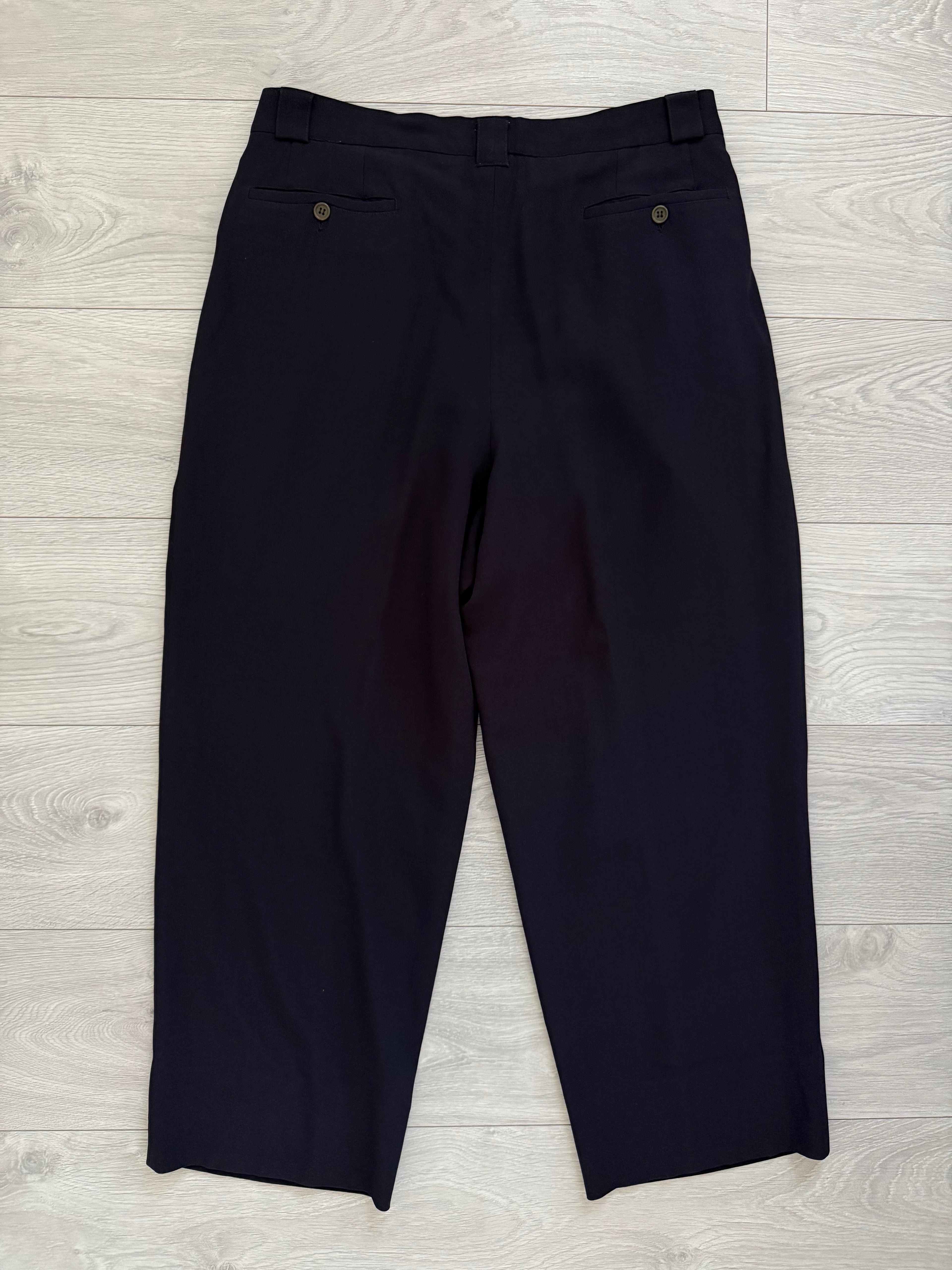 Giorgio Armani 1990s Black Label Peaked Lapel Double Breasted Navy Wool Pleated Draped Suit - Size L Jacket / 34" Waist