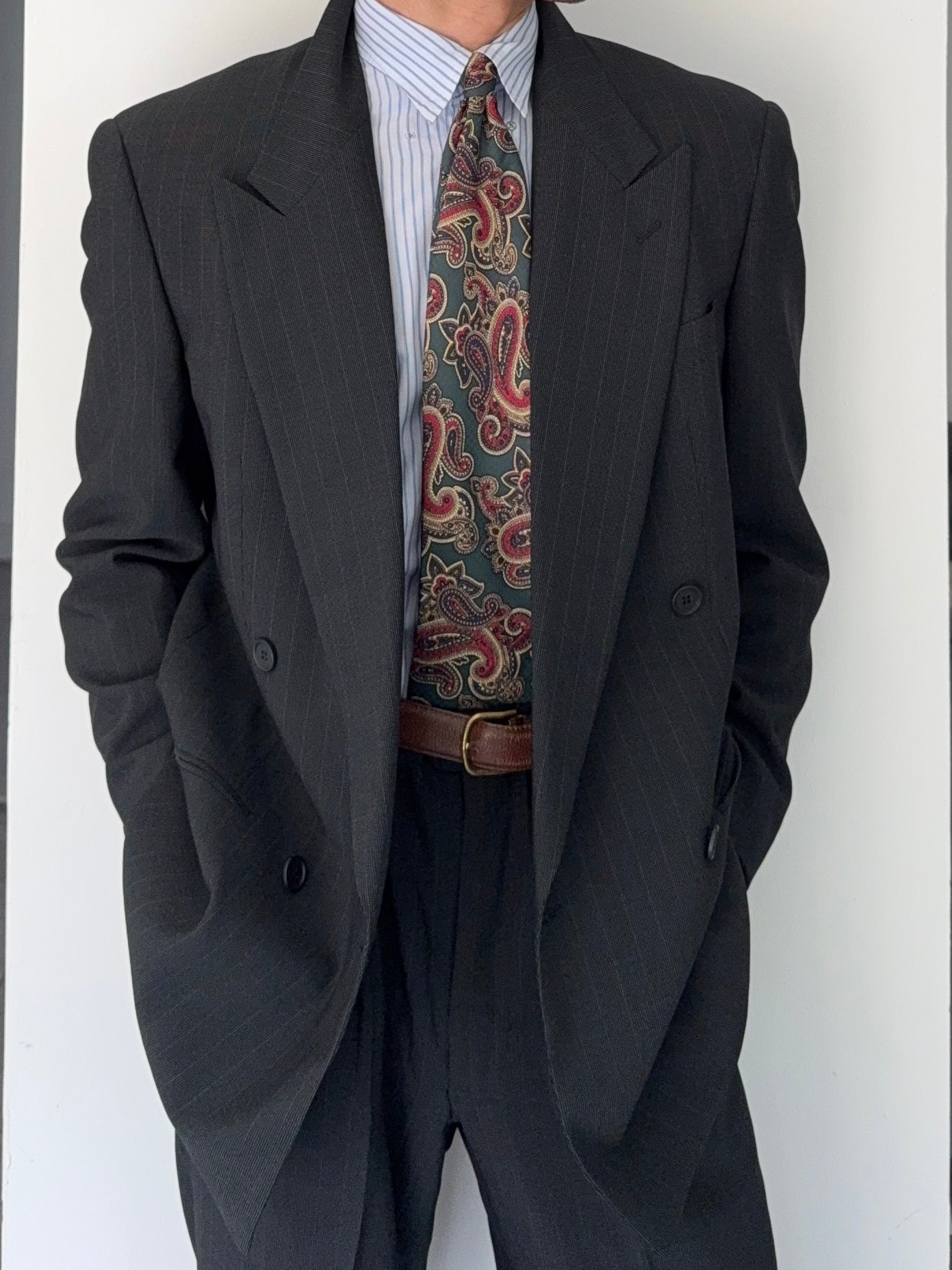 Giorgio Armani 1980s Peaked Lapel Double Breasted Wool Suit Green