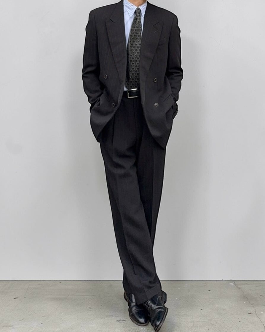 Armani 1990s Double Breasted Pleated Wool Striped Suit - Size M Jacket / 32" Waist