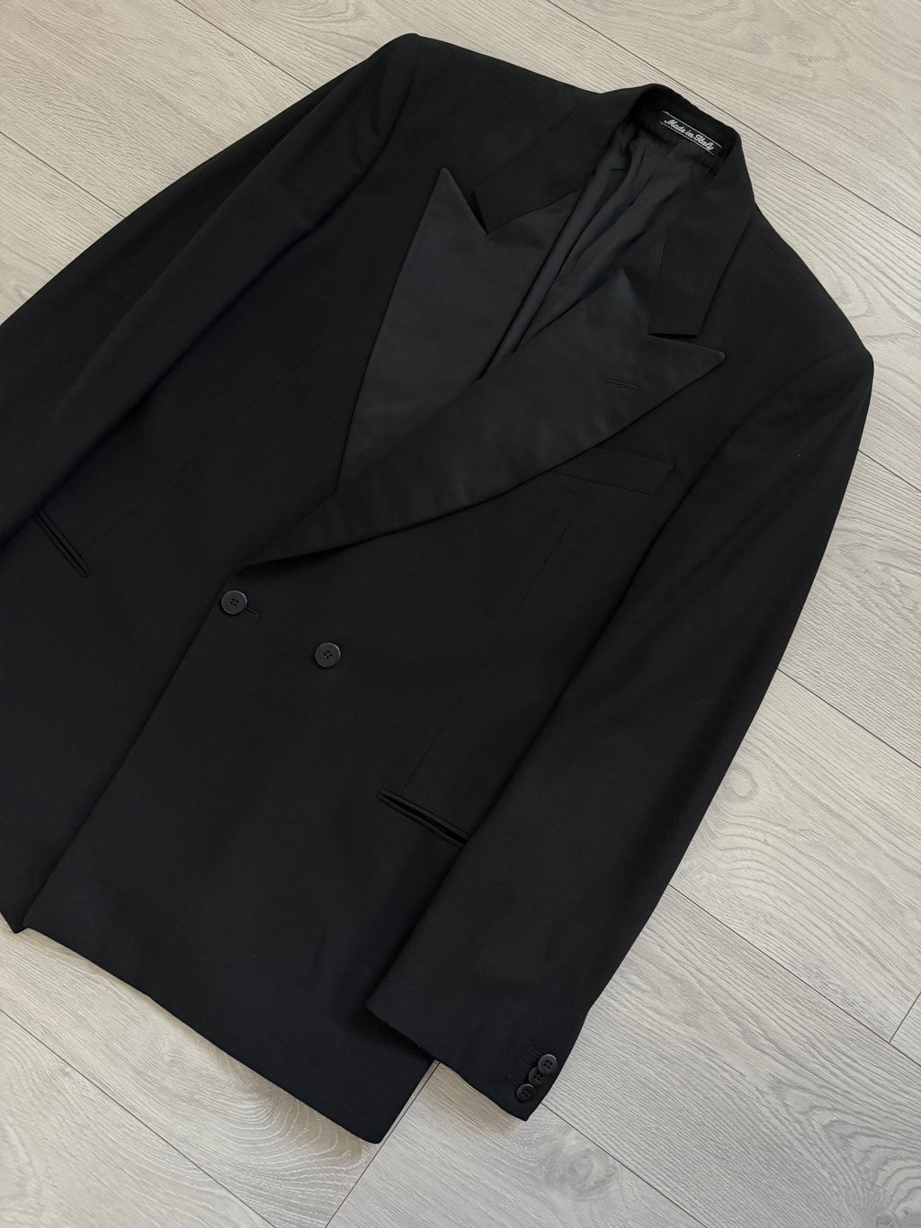 Giorgio Armani 1980s Peaked Lapel Double Breasted Wool Tuxedo Jacket Blazer - Size L