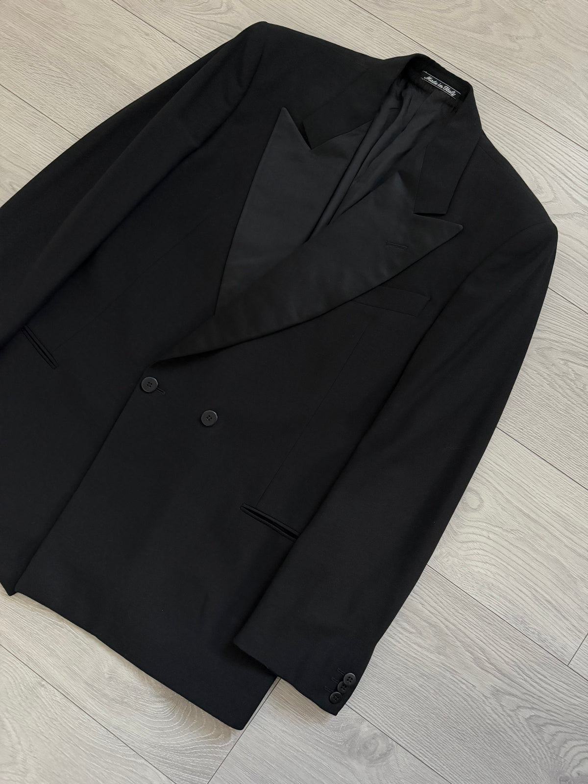 Giorgio Armani 1980s Peaked Lapel Double Breasted Wool Tuxedo Jacket Blazer - Size L