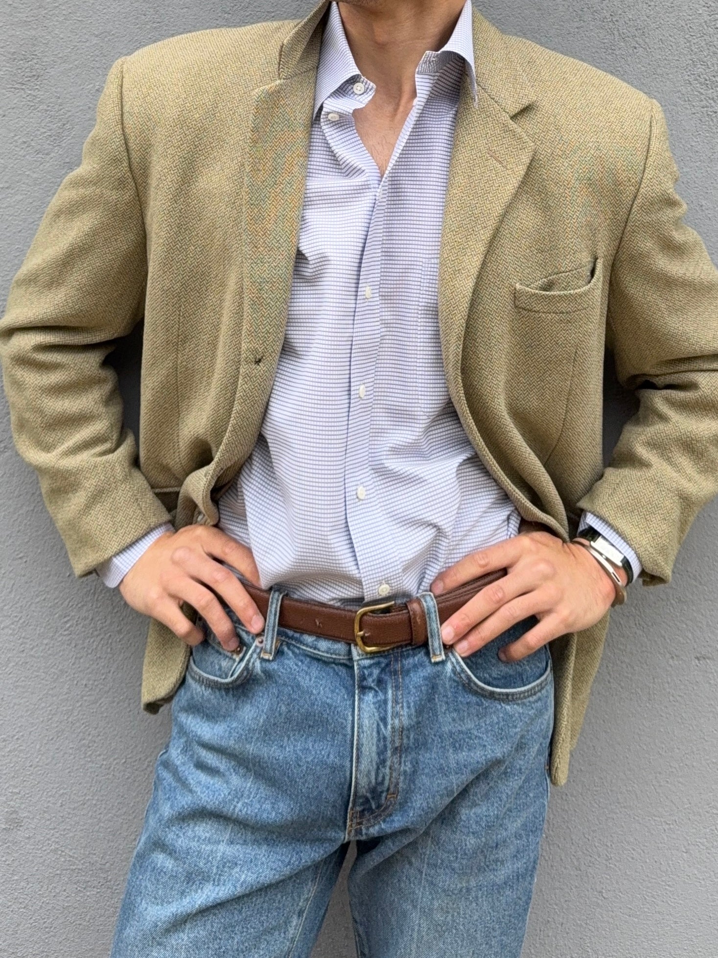 Armani 1990s Snap Collar Check Weave Shirt - Size L