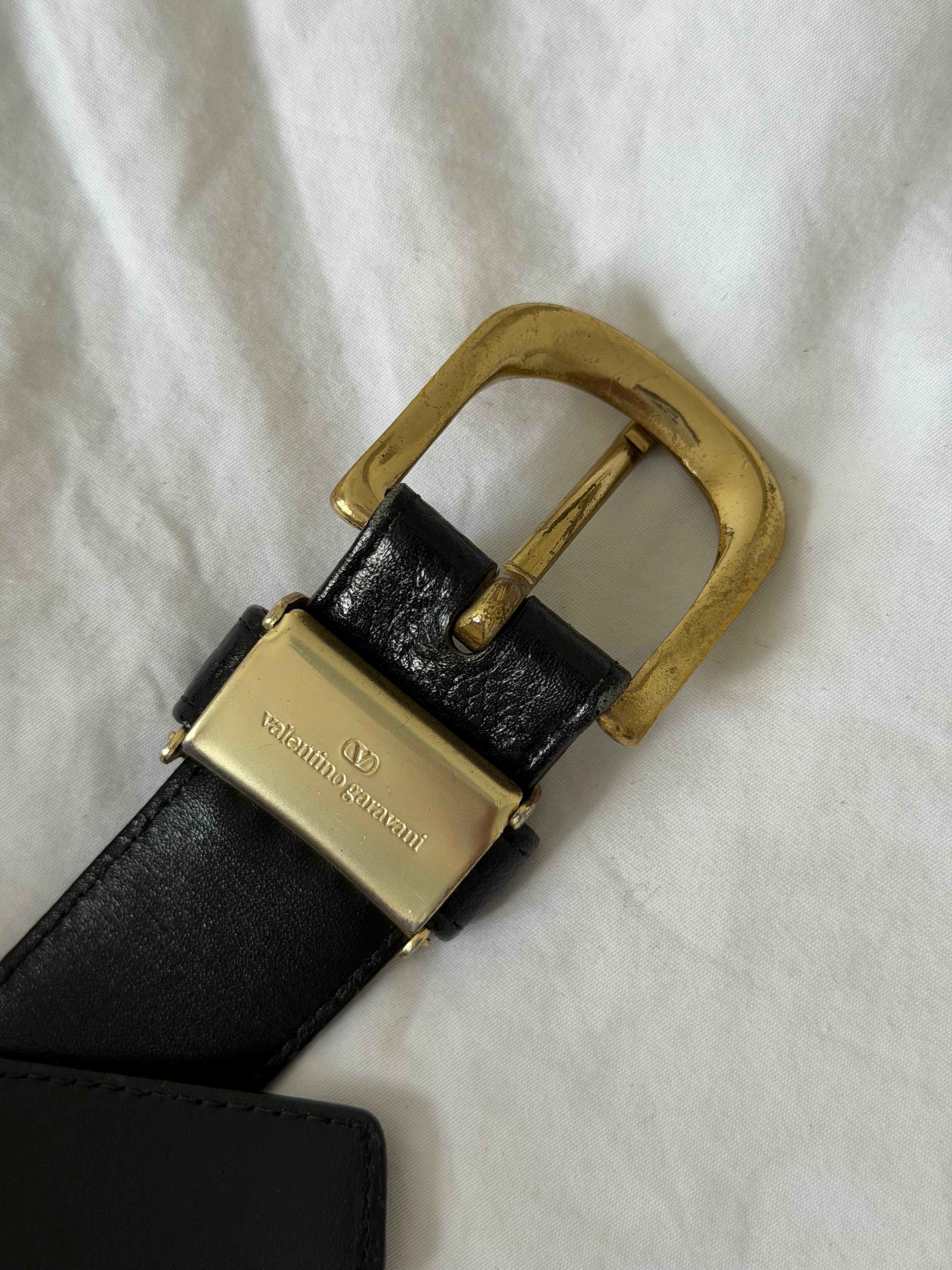 Valentino 1980s Gold Buckle Black Leather Belt - Size 30" to 34" Waist
