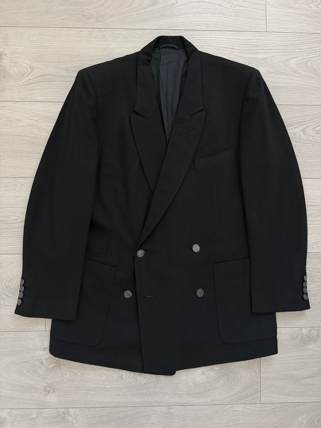 Dior 1980s Peaked Lapel Double Breasted Metal Button Black Wool Sport Jacket Blazer - Size M