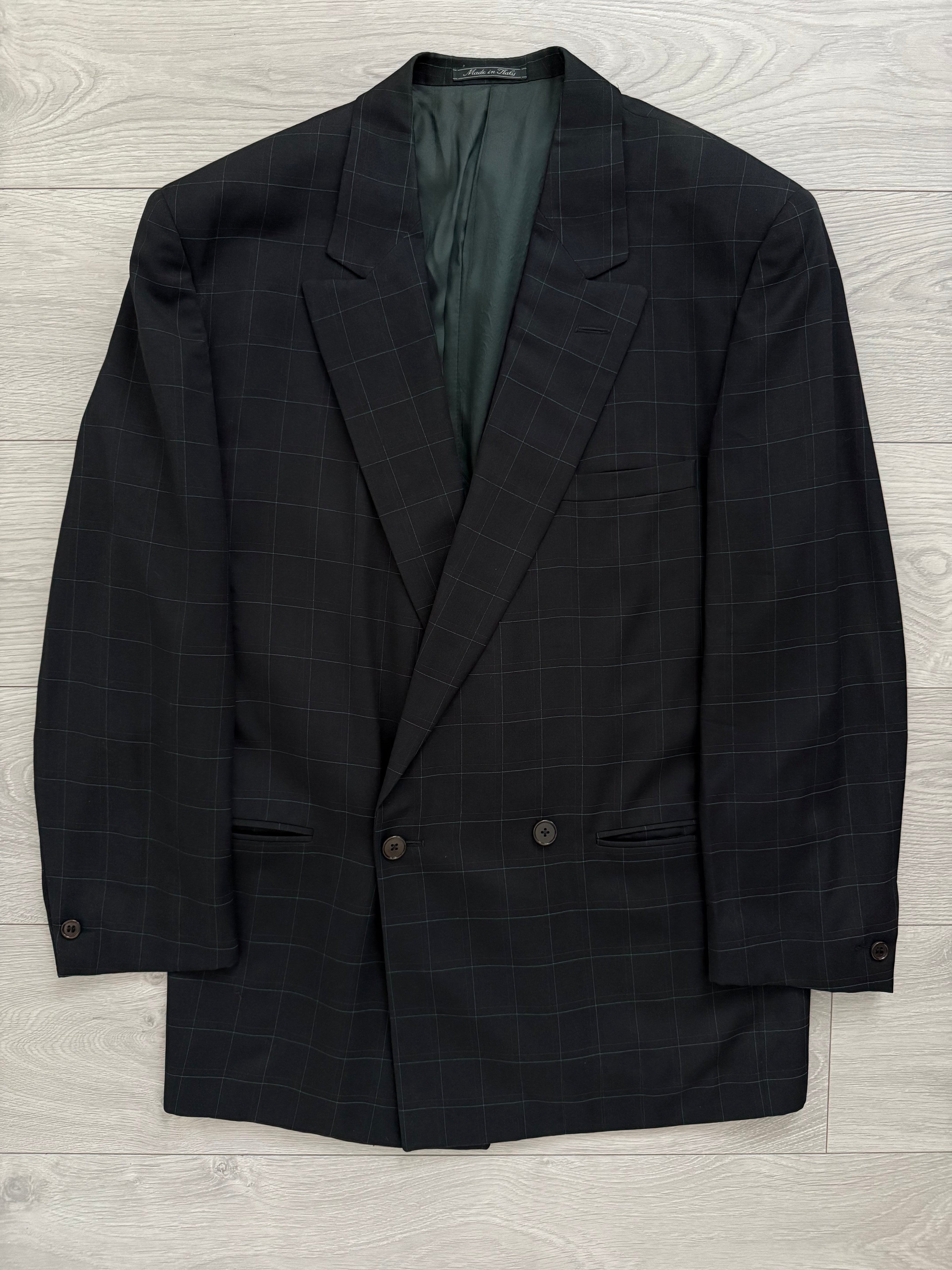 Versace 1980s Notch Lapel Double Breasted Pleated Wool Check Suit Black - Size M Jacket / 32" Waist