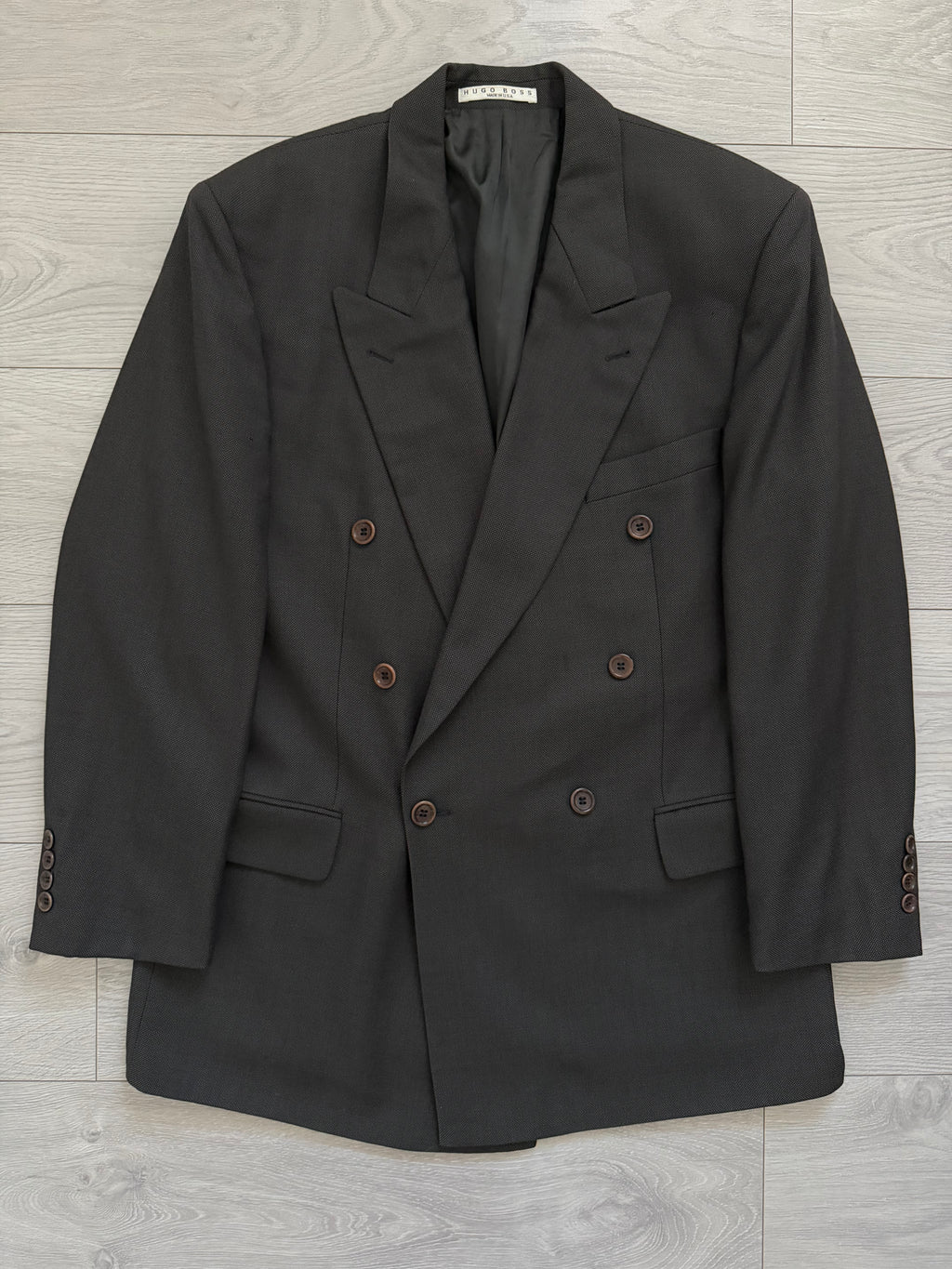 Hugo Boss 1980s Super 100s Peaked Lapel Double Breasted Wool Taupe Brown Sport Jacket Blazer - Size L