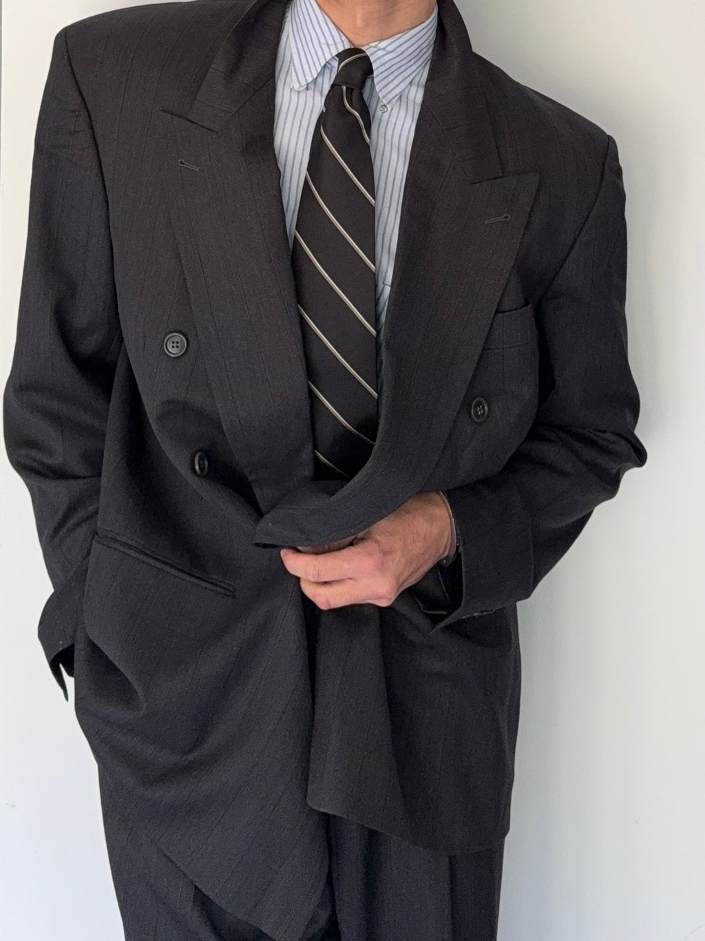 Hugo Boss 1980s 'Al Capone' Double Breasted Pleated Wool Cashmere Suit - Size XXL Jacket / 36" Waist