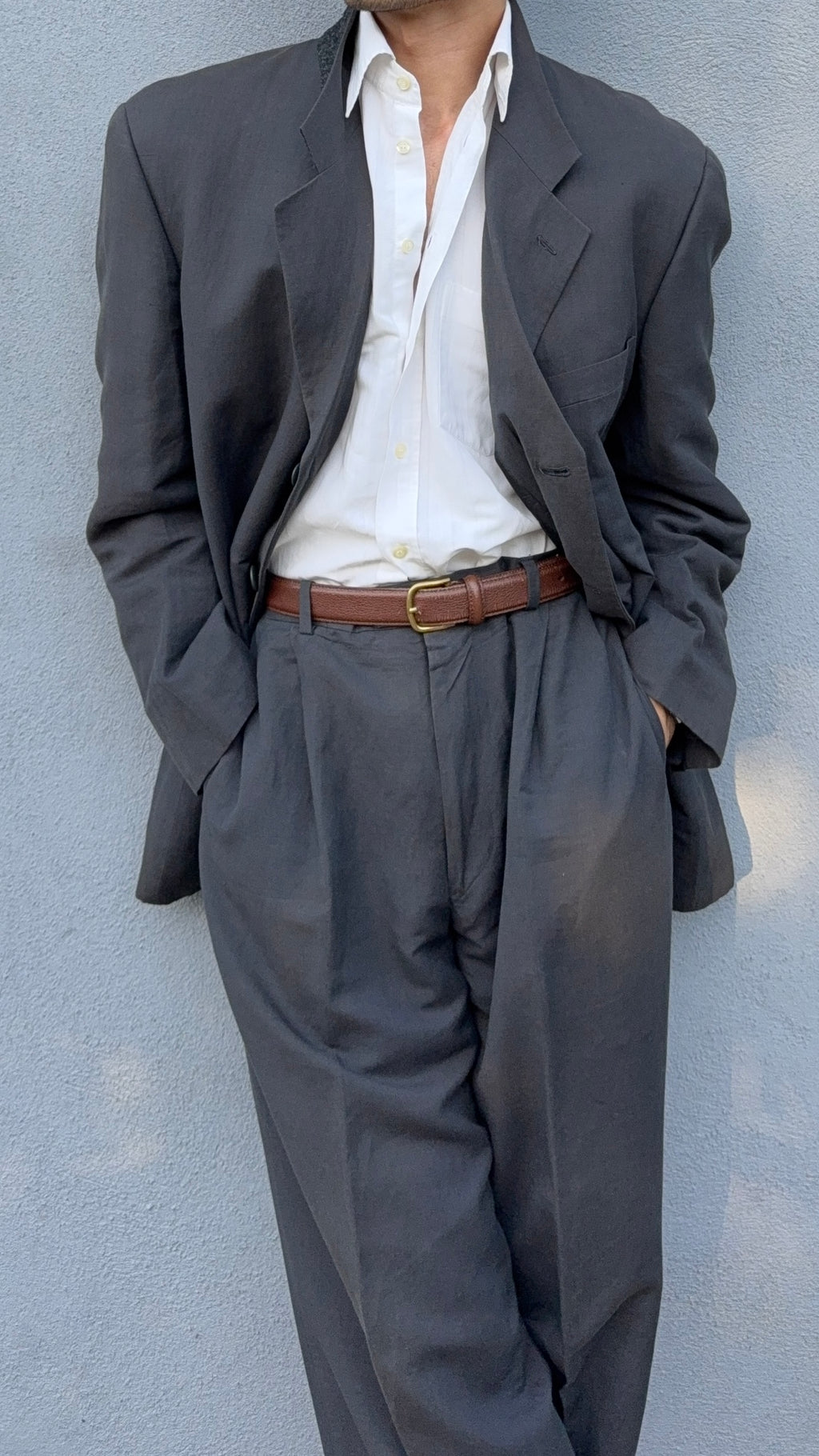 Giorgio Armani 1980s 3B Linen Blend Suit Charcoal - Size XXL Jacket / 36" Waist