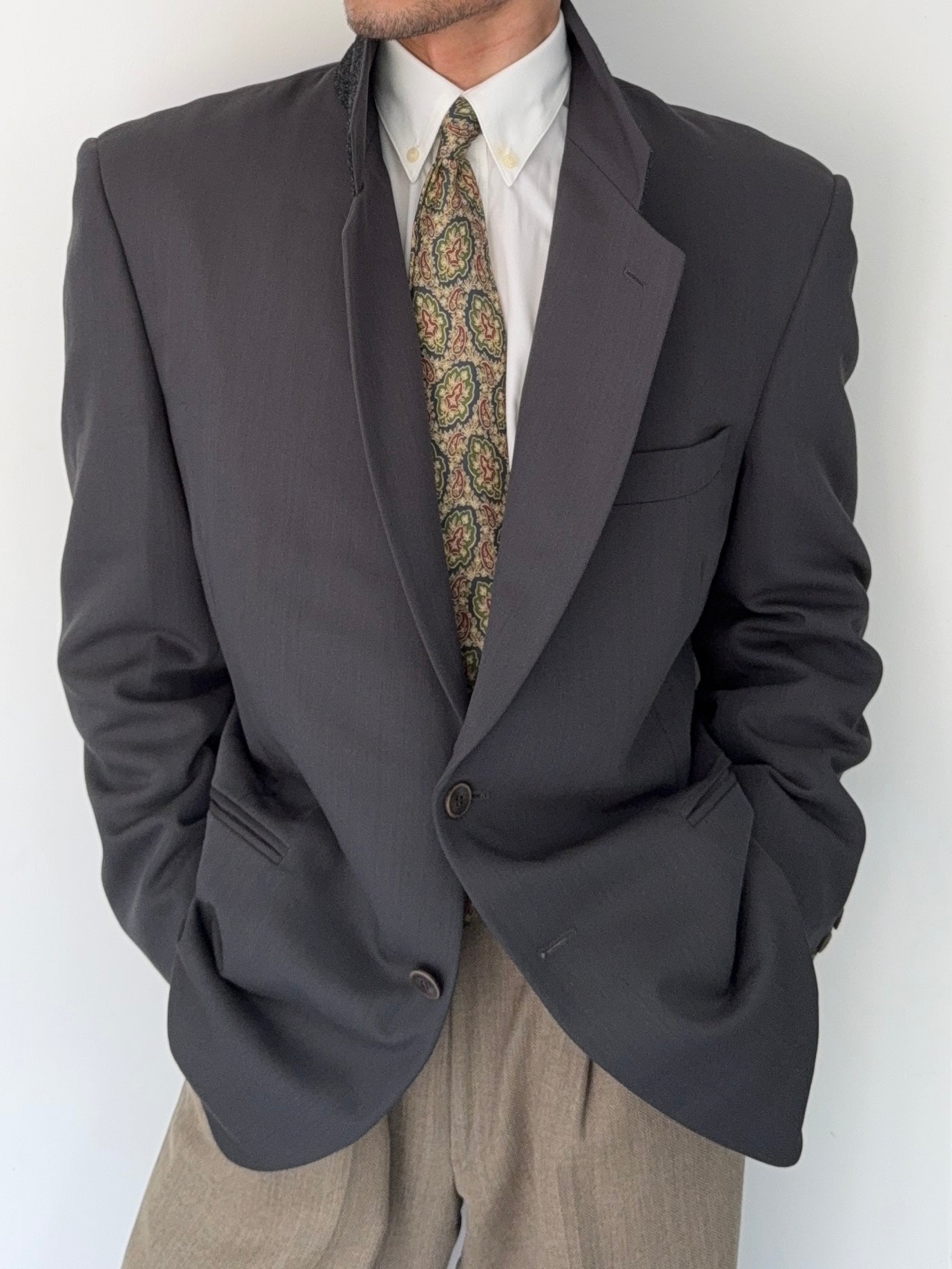 Hilton Armani Vesitmenta 1990s 2B Draped Wool Sports Jacket Blazer Charcoal Green - Size L
