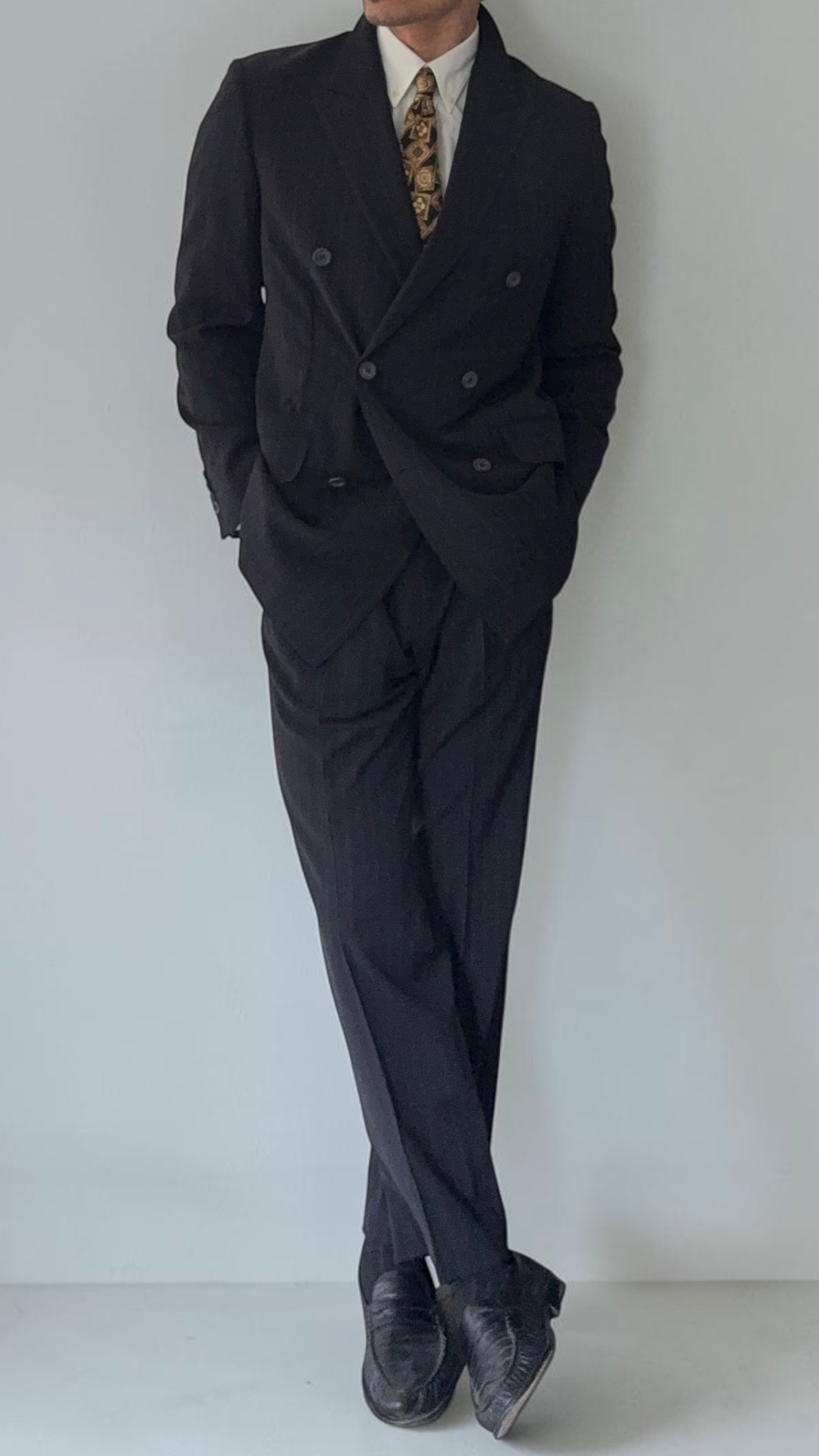 Versace 1980s 6B Peaked Lapel Double Breasted Pleated Wool Striped Suit - Size S Jacket / 33" Waist