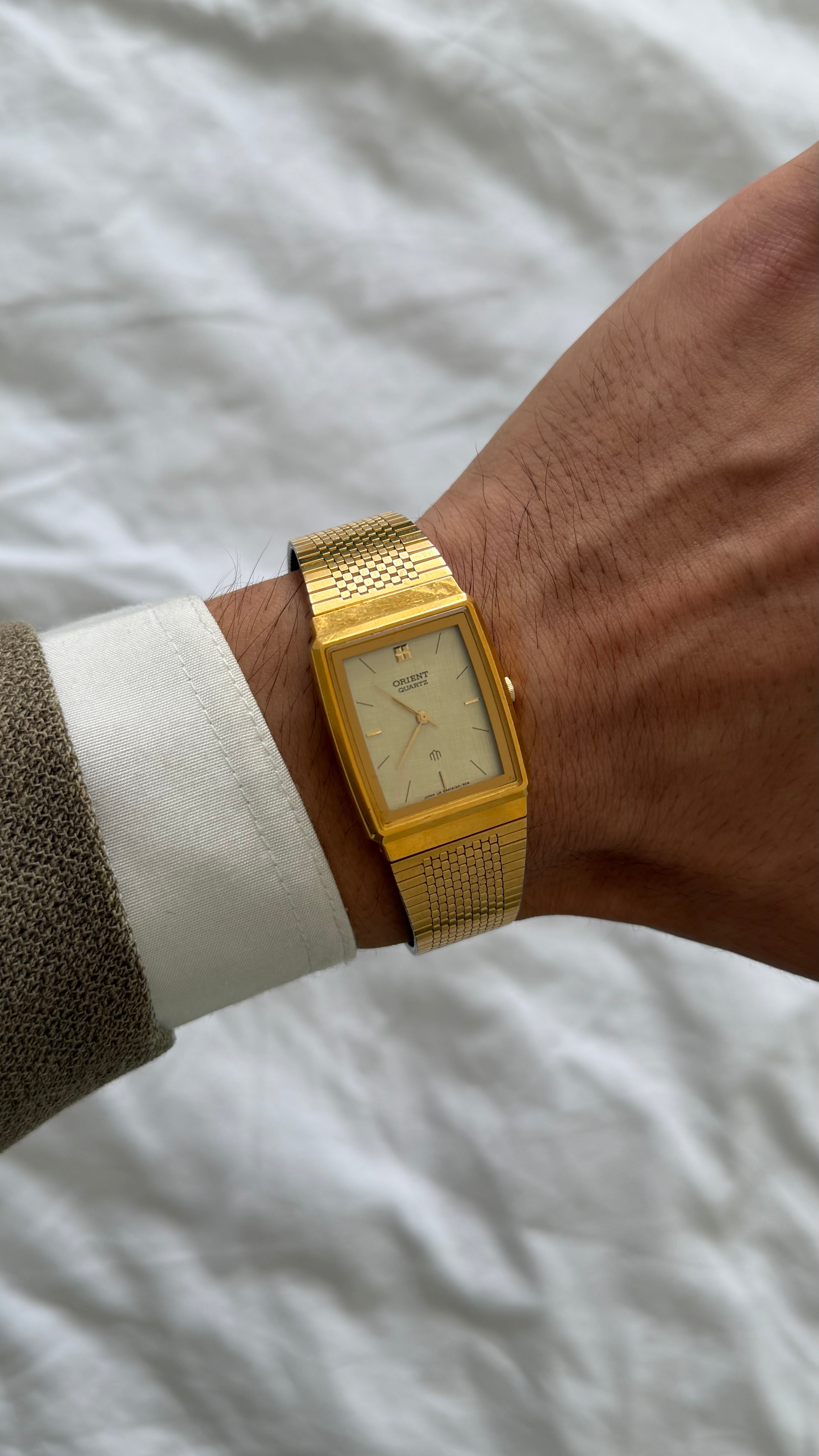 Oreint 1990s 20MM Linen Dial Gold Plated Stainless Steel Watch