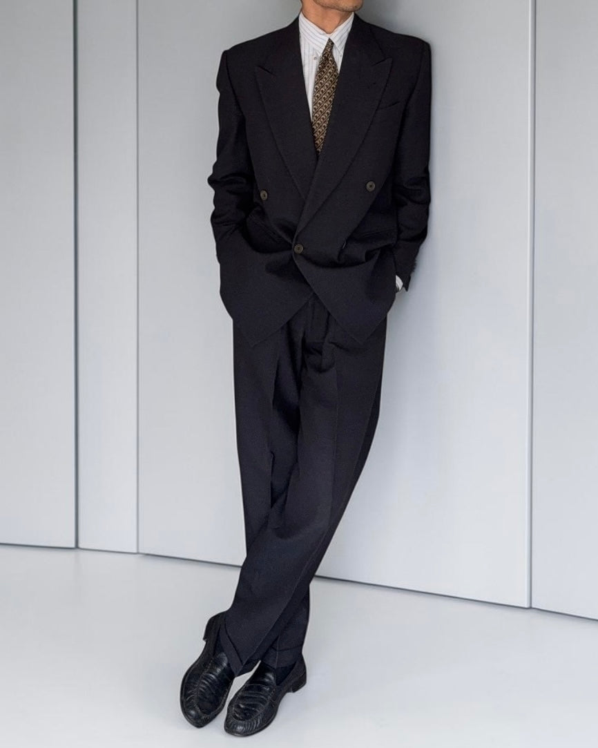 Krizia Armani 1990s Peaked Lapel Double Breasted Pleated Wool Suit Navy - Size M Jacket / 31" Waist