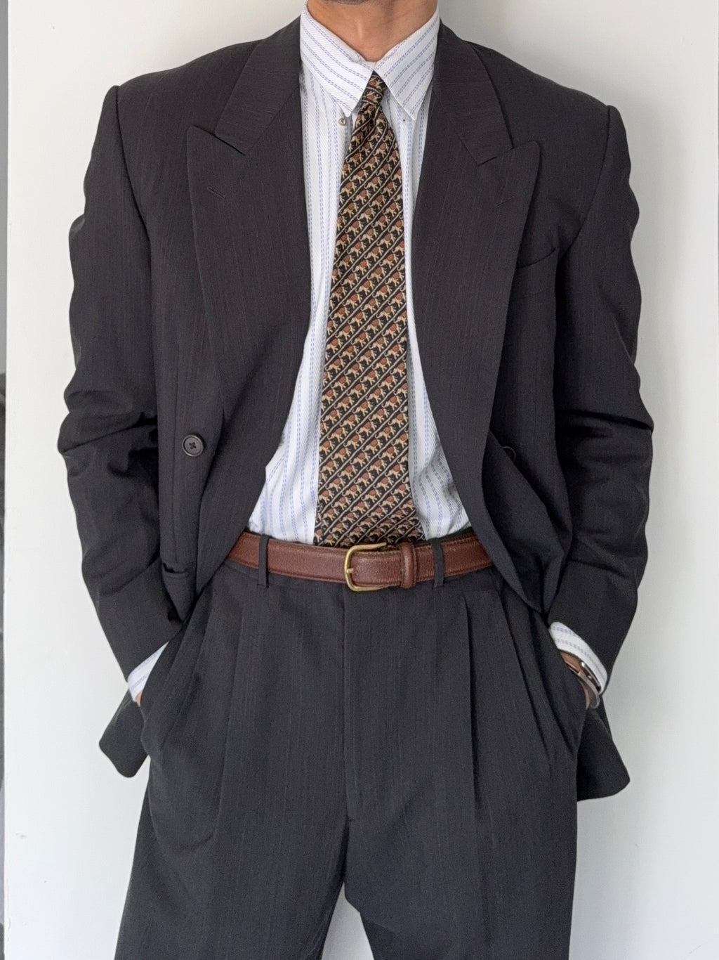 Gianfranco Ferre 1980s Peaked Lapel Double Breasted Pleated Wool Lightweight Suit Grey - Size S Jacket / 29" Waist