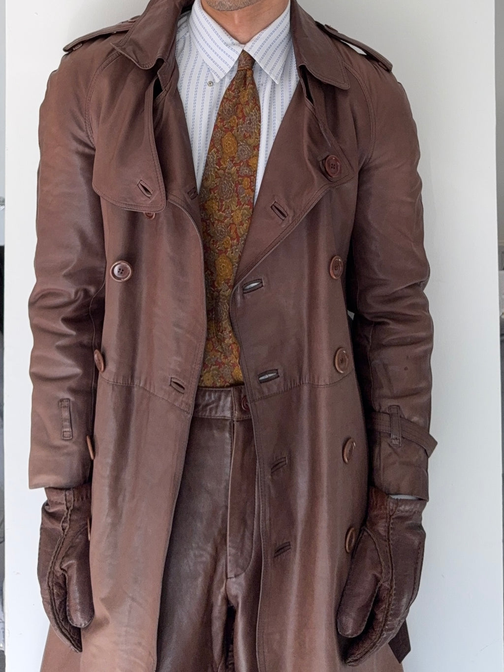 Sicons Armani 1980s Leather Military Trench Coat - Size S