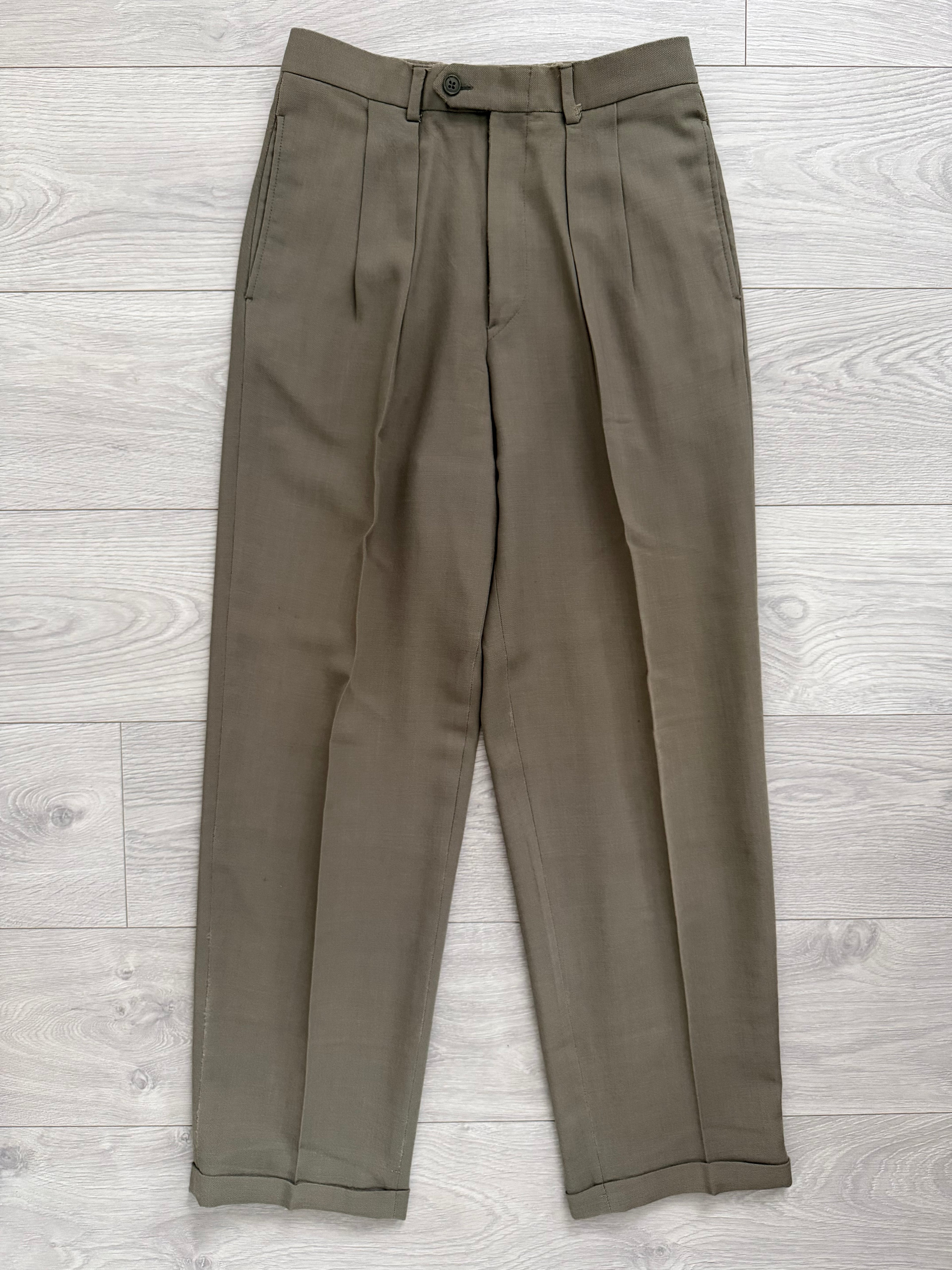 Giorgio Armani 1980s Taupe Green Peaked Lapel Double Breasted Pleated Wool Suit - Size S Jacket / 28" Waist