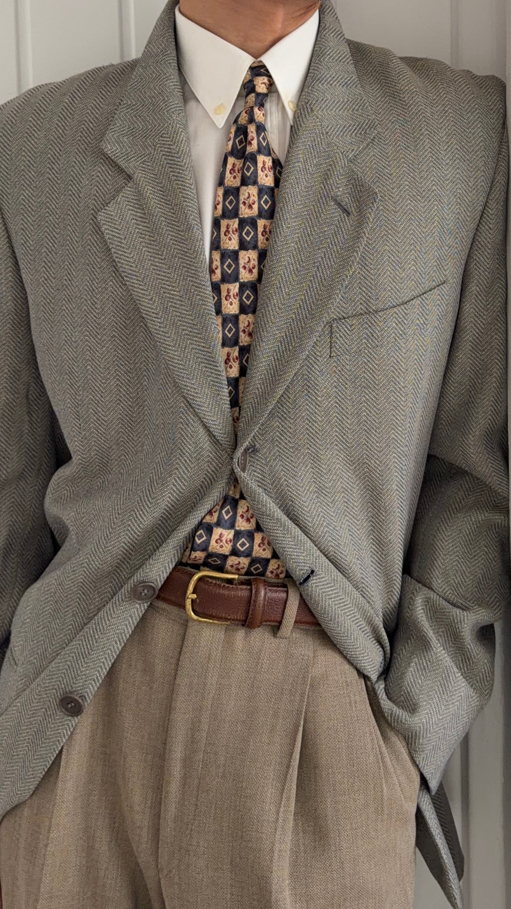 Giorgio Armani 1980s Silk Wool 3B Herringbone Weave Draped Sport Jacket Blazer  - Size XL