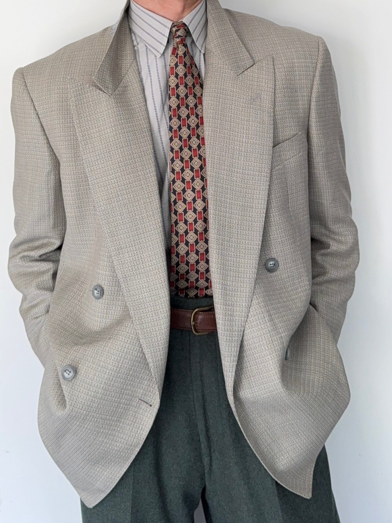 Valentino 1980s Peaked Lapel Double Breasted Grey Wool Blend Textured Sports Jacket Blazer - Size L