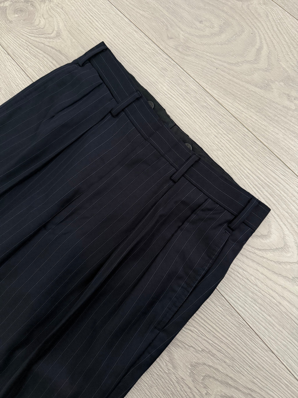 Yves Saint Laurent 1990s Double Breasted Pleated Striped Wool Navy Suit - Size M Jacket / 30" Waist