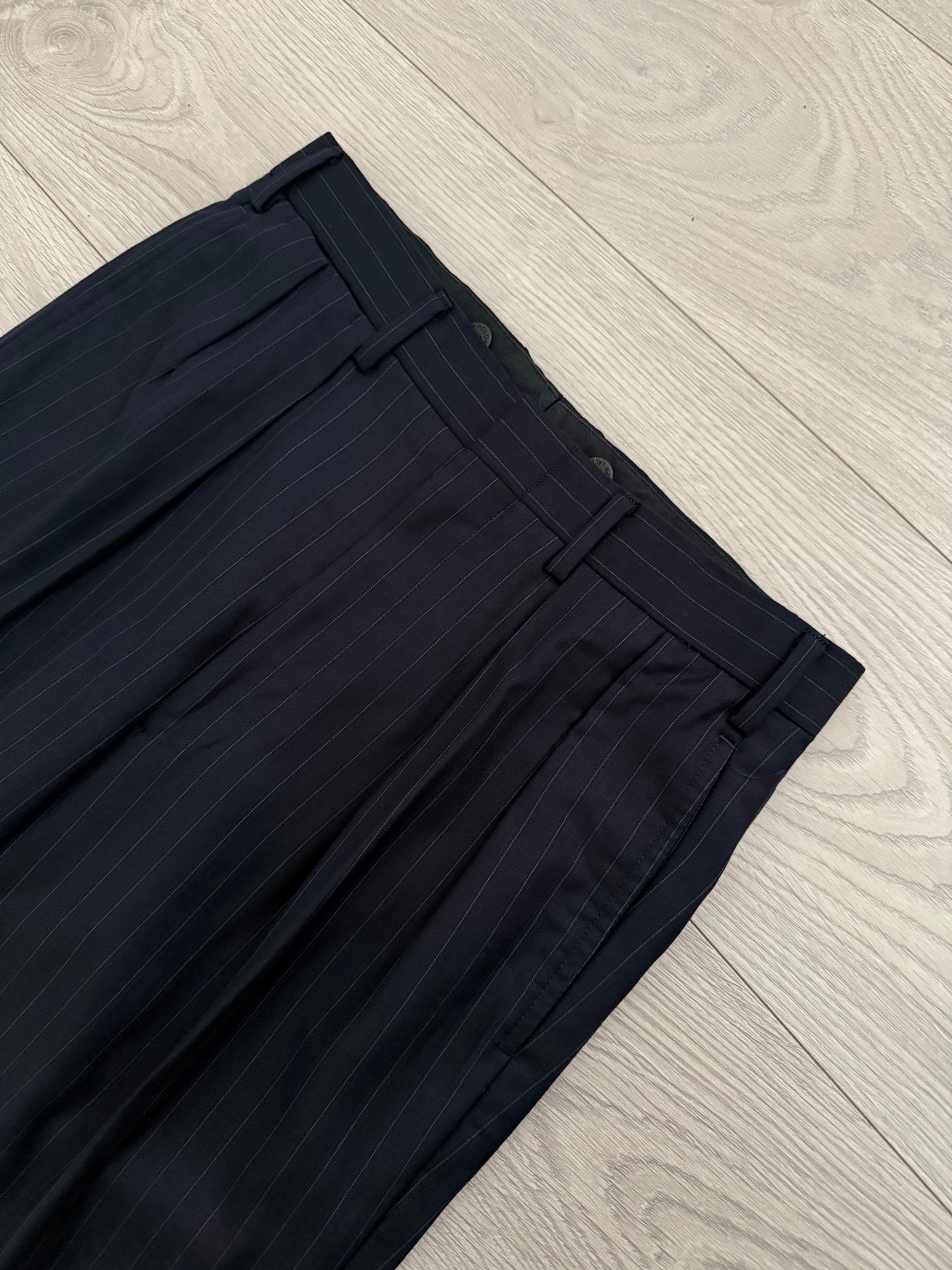 Yves Saint Laurent 1990s Double Breasted Pleated Striped Wool Navy Suit - Size M Jacket / 30" Waist