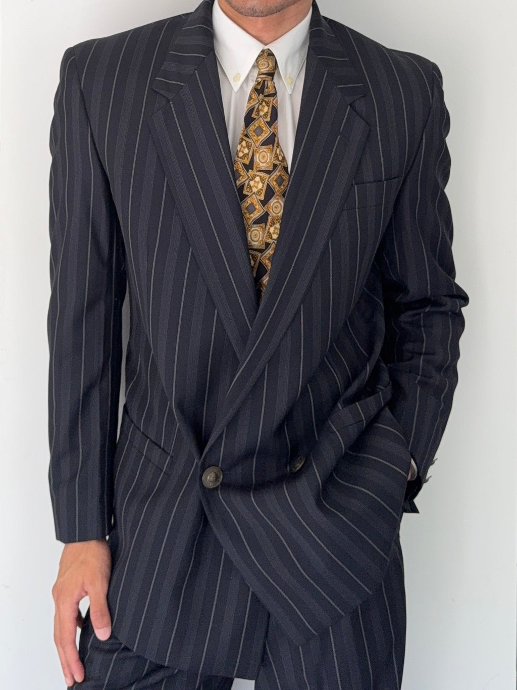 Versace 1980s Metal Button Notch Lapel Double Breasted Pleated Wool Striped Suit - Size S Jacket / 29" Waist