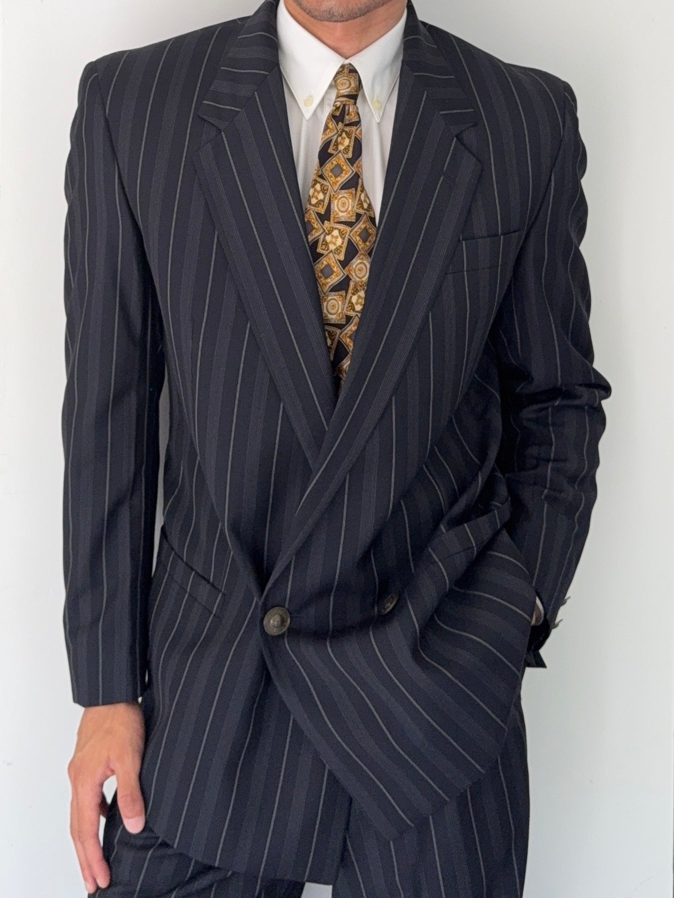 Versace 1980s Metal Button Notch Lapel Double Breasted Pleated Wool Striped Suit - Size S Jacket / 29" Waist