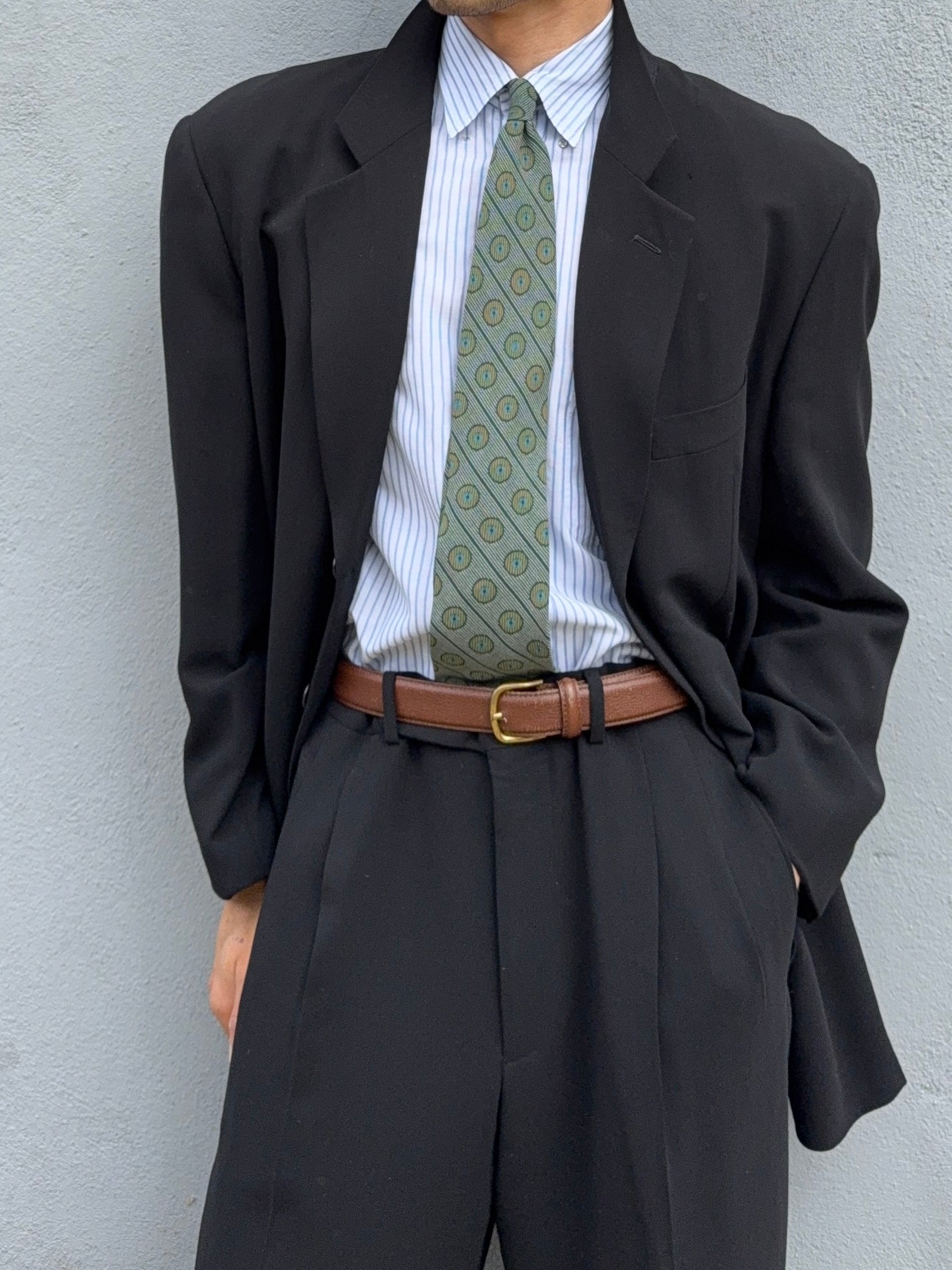 Giorgio Armani Black Label 1990s 3B Relaxed Draped Wool Suit Black - Size XL Jacket / 36" Waist