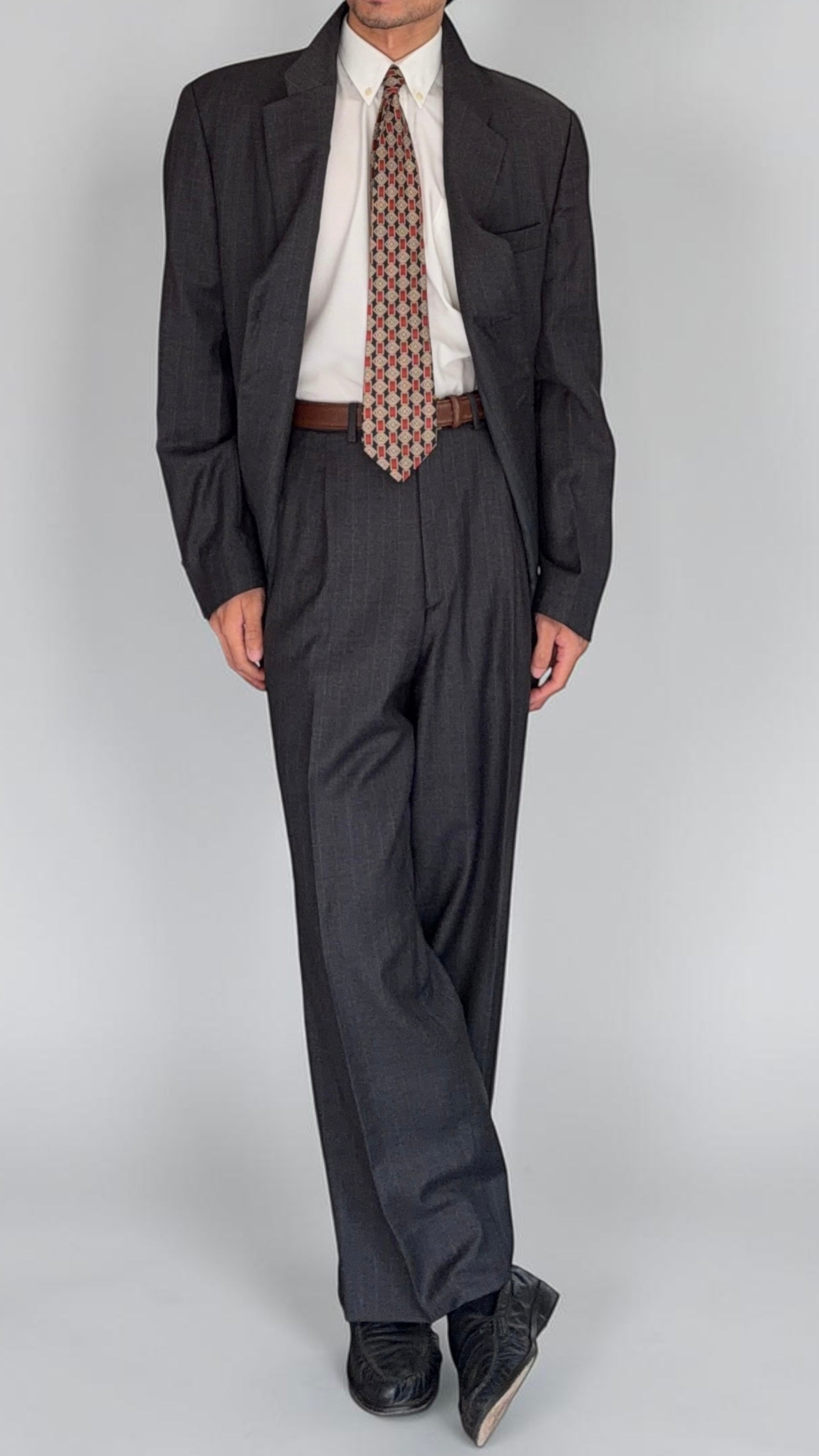 Emporio Armani 1990s 3B Double Pleat Pinstripe Grey Wool Suit - Size XL Jacket / 36" Waist