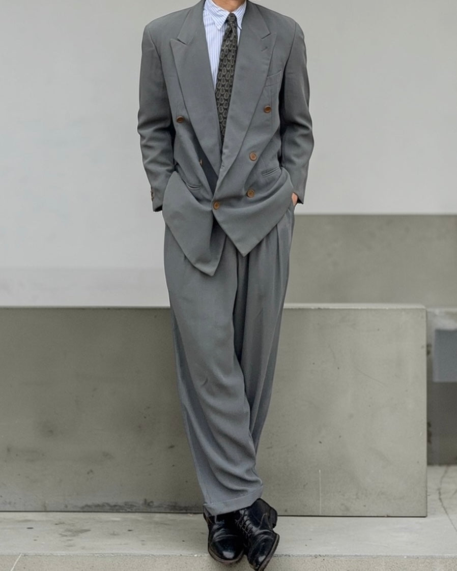 Giorgio Armani 1990s Double Breasted Pleated Wool Draped Suit - Size L Jacket / 32" Waist